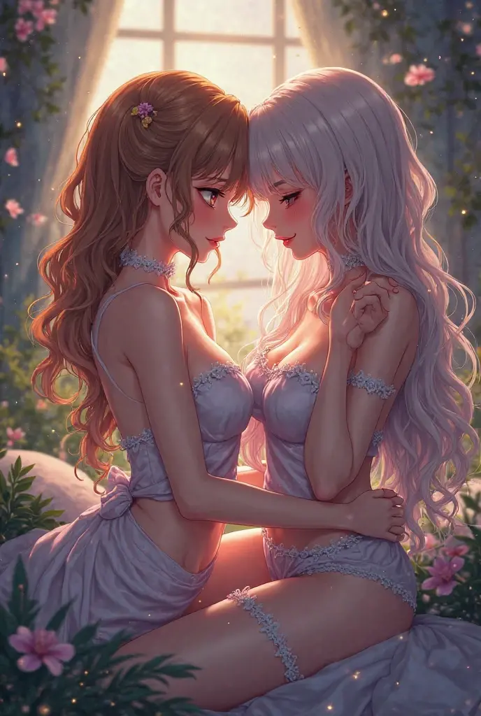 (masterpiece, best quality:1.4), (8K), Young blonde beauty, (((2 girls in love, 18 years old, neat girl))), detailed blue eyes, long eyelashes, blush, kind smile, horny, upper body, topless, small ass, slender thin legs, vagina, pink skirt, (looking at viewer), beautiful blonde hair, white-skinned, bangs, pigtails, groping breasts, on top of each other (small size breasts), (mushroom forest, celestial forest, beautiful and magnificent pink sunshine, majestic sky), natural light, pastel colors)