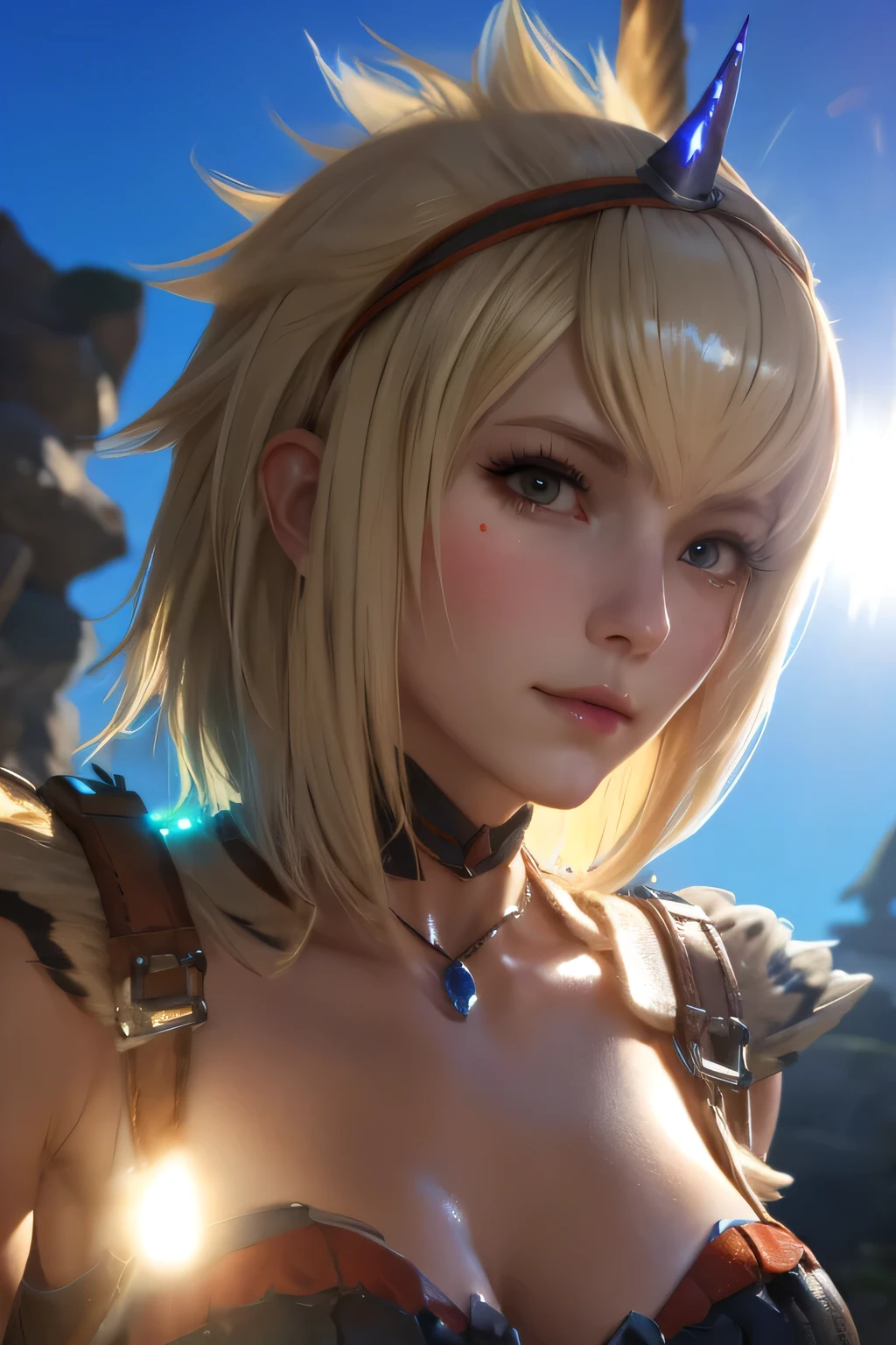 perfect anatomy best quality,highest resolution,(((female shiny top shiny light blond hair shiny skin))) Monster Hunter giraffe equipment cool