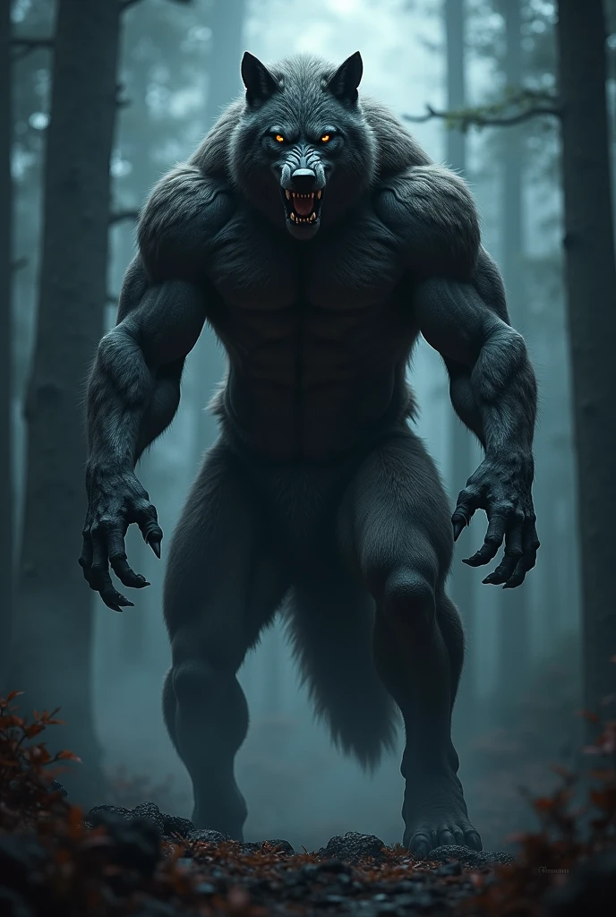 a werewolf, realistic muscular body, highly detailed, 8k, photorealistic, full body, sharp focus, studio lighting, ultra-detailed, cinematic lighting, dramatic lighting, chiaroscuro, moody atmosphere, dark fantasy, hyper-realistic, anatomically accurate, intricate details, dynamic pose, glowing eyes, sharp fangs, powerful claws, fur texture, rugged skin, bulging muscles, outdoor forest background, depth of field, color grading, moody tones