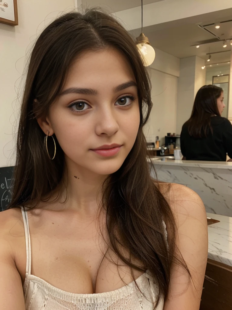 Photo d'une femme brune de 20 ans, qui a un visage très naturel, Lèvres fines, yeux fins, sourcils fins, nez fin, des boucles d'oreilles, long cils. Elle fait un joli selfie dans un café