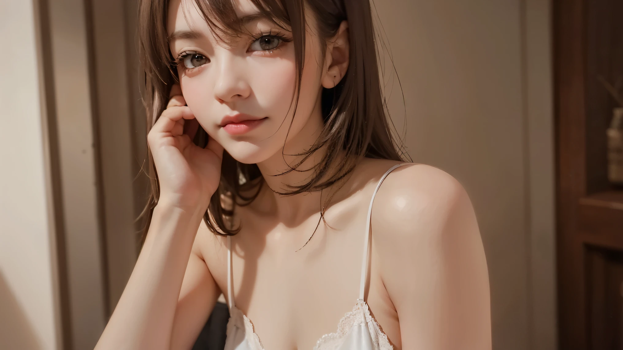 (Raw photography、top-quality)、(realisitic、Photorealsitic:1.3)、top-quality、masterpiece、extremely delicate and beautiful、A highly detailed、nffsw、A sense of unity、2k wallpaper、magnifica、Beautiful in every detail、masterpiece、浅笑、top-quality、Highly detailed ticker Unity 8K wallpapers、huge filesize、ultra-detailliert、hight resolution、ighly detailed、Female 1 Person、Slim body、D-cups、(Black Leotard Top:0.7)、(Pink skirt:1.2)、(Bun hair)、(brown haired)、Look at the front、Sharp Focus、Face Close-up、pureerosface_v1:0.8 Short Hair、Instagram、Viewer's Perspective、selfee