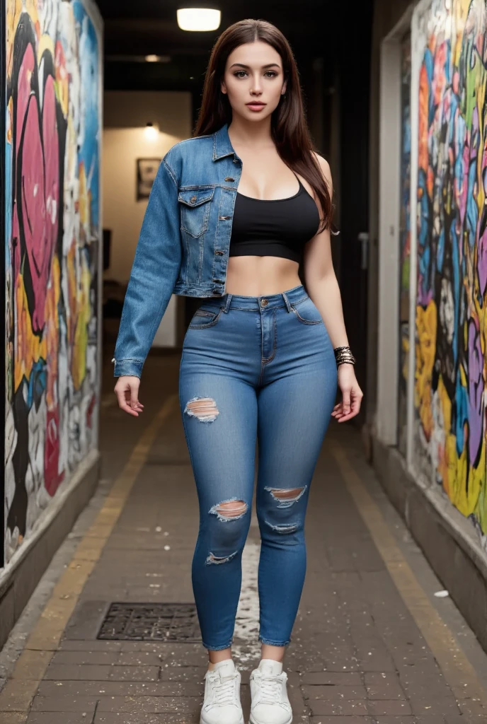 1female, deep crimson hair, styled in a high ponytail, fierce amber eyes, confident expression, black oni horns curving elegantly from her forehead, oversized graphic hoodie in neon pink, ripped black jeans, chunky white sneakers, silver hoop earrings, urban alley background with vibrant street art and neon lights, detailed face, hands to side, standing on path