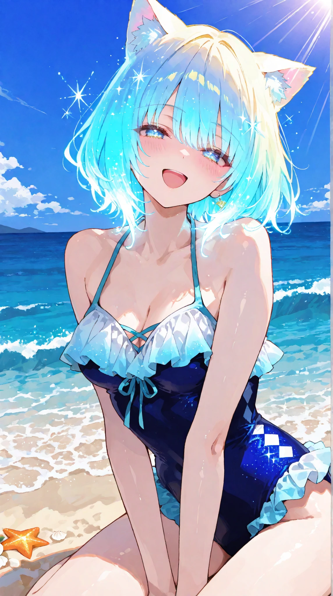 best image quality、highest quality、8K、upper body、thighs、light blue hair、bob hair、blue eyes、swimsuit、I can see your belly button、I can see your stomach、lake at night、normal chest、smile、closed mouth