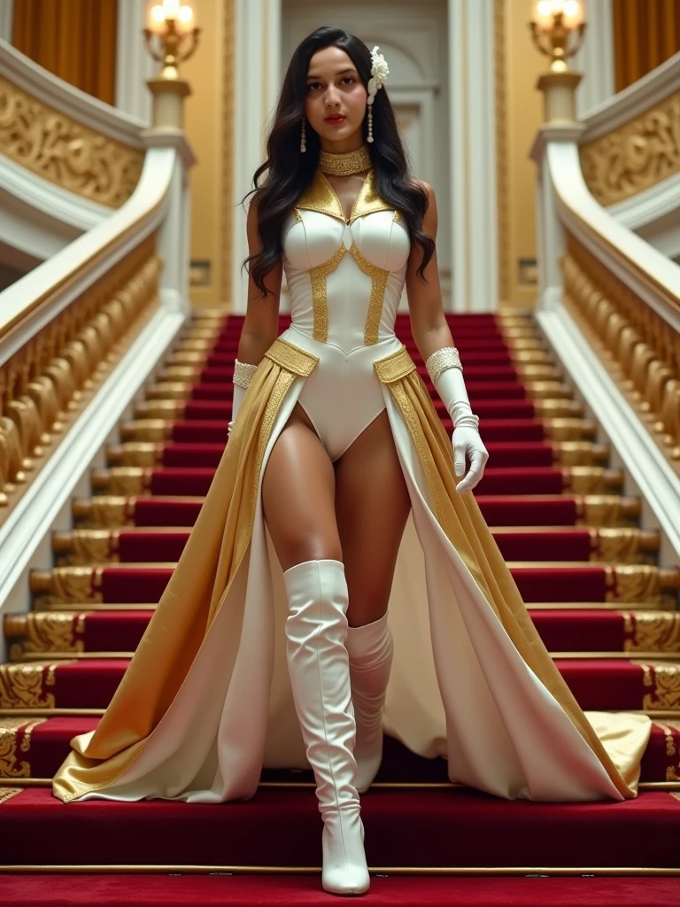 1 BLACK girl, st. louis (azur lane), standing, upper THICK body, red roses tattoo ON LEFT LOG, THICK LEGS ((Huge breasts 1.8)), BIG ASS, upper SHORT dress, CUM FACE, HIGH HEELS (revealing clothes:1.8), scenery,, anirl, best quality, ultra high res,