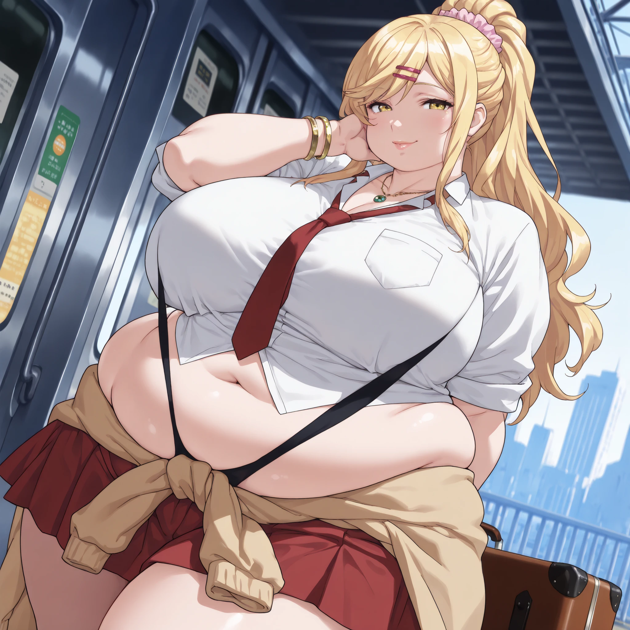 1 woman, beautiful mature woman, attractive detailed face, delicate facial features, detailed skin, huge breasts, slingshot swimsuit, hand behind back, looking seductive, ultra-detailed, (best quality,4k,8k,highres,masterpiece:1.2), cinematic lighting, octane render, 8k uhd, extremely detailed, intricate details, hyper realistic, high definition, sharp focus, ,compositionmuted colors, skin pores, score_9, score_8_up, score_7_up, (cowboy shot, dutch angle:1.2), score_9, score_8_up, score_7_up, source_anime, himari ishikura, long hair, bangs, blonde hair, large breasts, hair ornament, yellow eyes, ponytail, hairclip, high ponytail, large breasts, anime screencap, skirt, shirt, jewelry, school uniform, white shirt, necktie, collared shirt, necklace, bracelet, red skirt, red necktie, clothes around waist, gyaru, train station, waiting for train, suitcase, traveling, commute, city skyline, hands behind back, , head rest, smile,, looking at viewer, solo,, cowboy shot, solo, (negative_v2 Color_Balance_Calibration:0.8), negativeXL_D, aidxlv05_neg, Stable_Yogis_Animetoon_Negatives, chubby, chubby girl, curvy, large breasts, lips, plump, thick thighs, thighs, (((oversized gigantic stomach)), curvy, large breasts, lips, plump, thick thighs, thigh, immobile