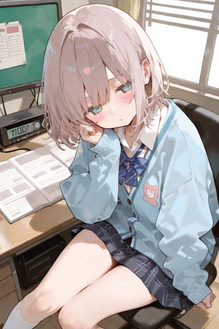Highest quality,masterpiece,Green Eyes, Grey Hair, hair ornaments, Animal ears, Flat Chest,uniform,Navy Blue Blazer,White shirt,Pink ribbon,Grey Skirt,Pink Panties,White long socks,Black low heels,sitting on desk,1 Boy,squat,1. Looking up a girl's skirt