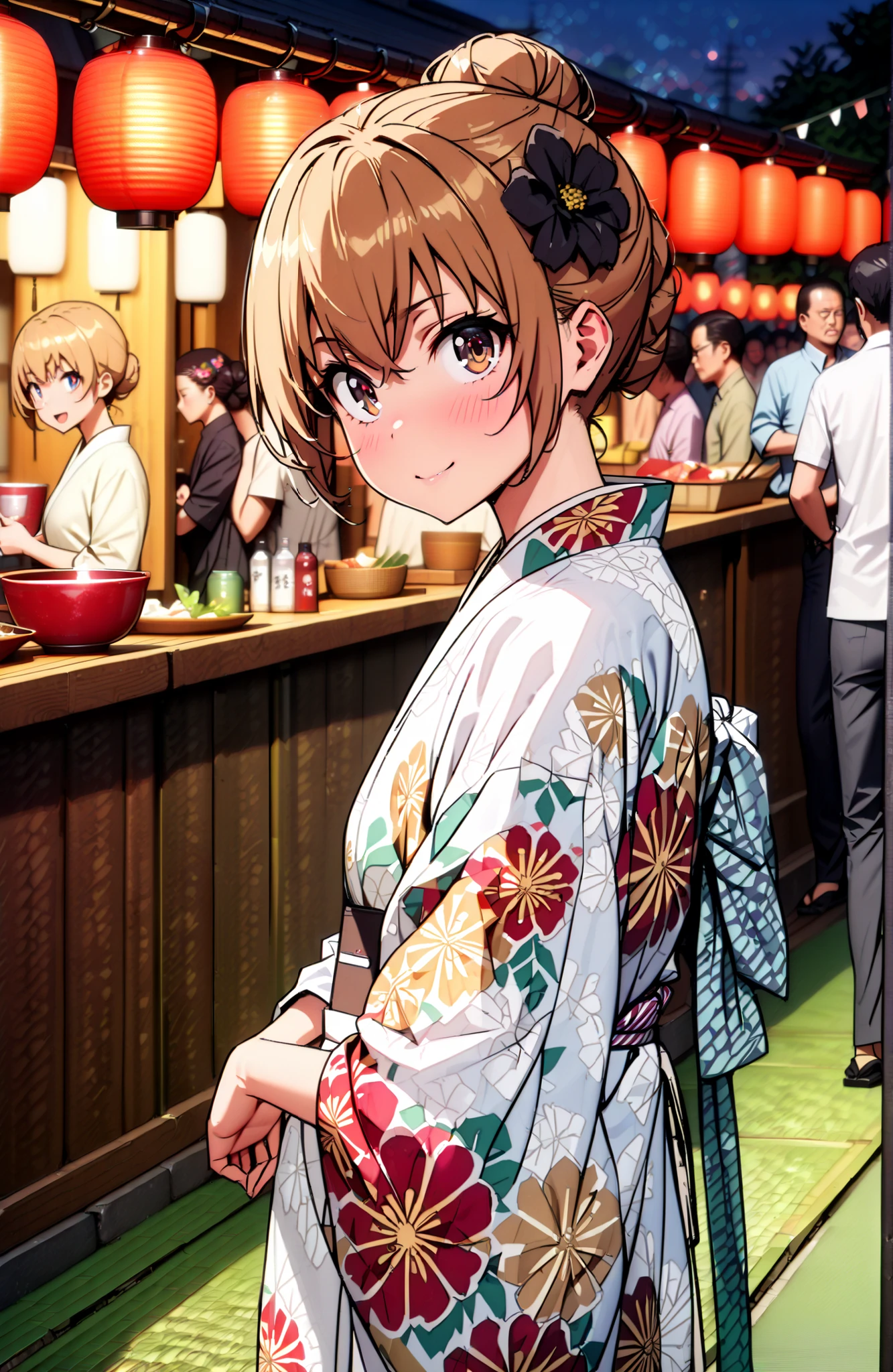 Aisaka Taiga, brown hair, brown eyes in the bedroom,side lock,single bun hair,Nape,flower hair ornament with ears,Black flower pattern kimono,smile,blush,mouth,standing,Light up fireworks,Red Lantern,Japanese stalls ,night,crowd,Beautiful Scenery,full bodyがイラストに入るように,in their 40s outdoors, Japanese Festival,
in their 40s looking at viewer,full body,
in their 40s (masterpiece:1.2),best quality ,Kampala,unity 8k 壁紙,(shape:0.8),( fine, beautiful eyes :1.6),It's a person ,full body写真,CG Details , (perfect hand in h,Complete Anatomy),
