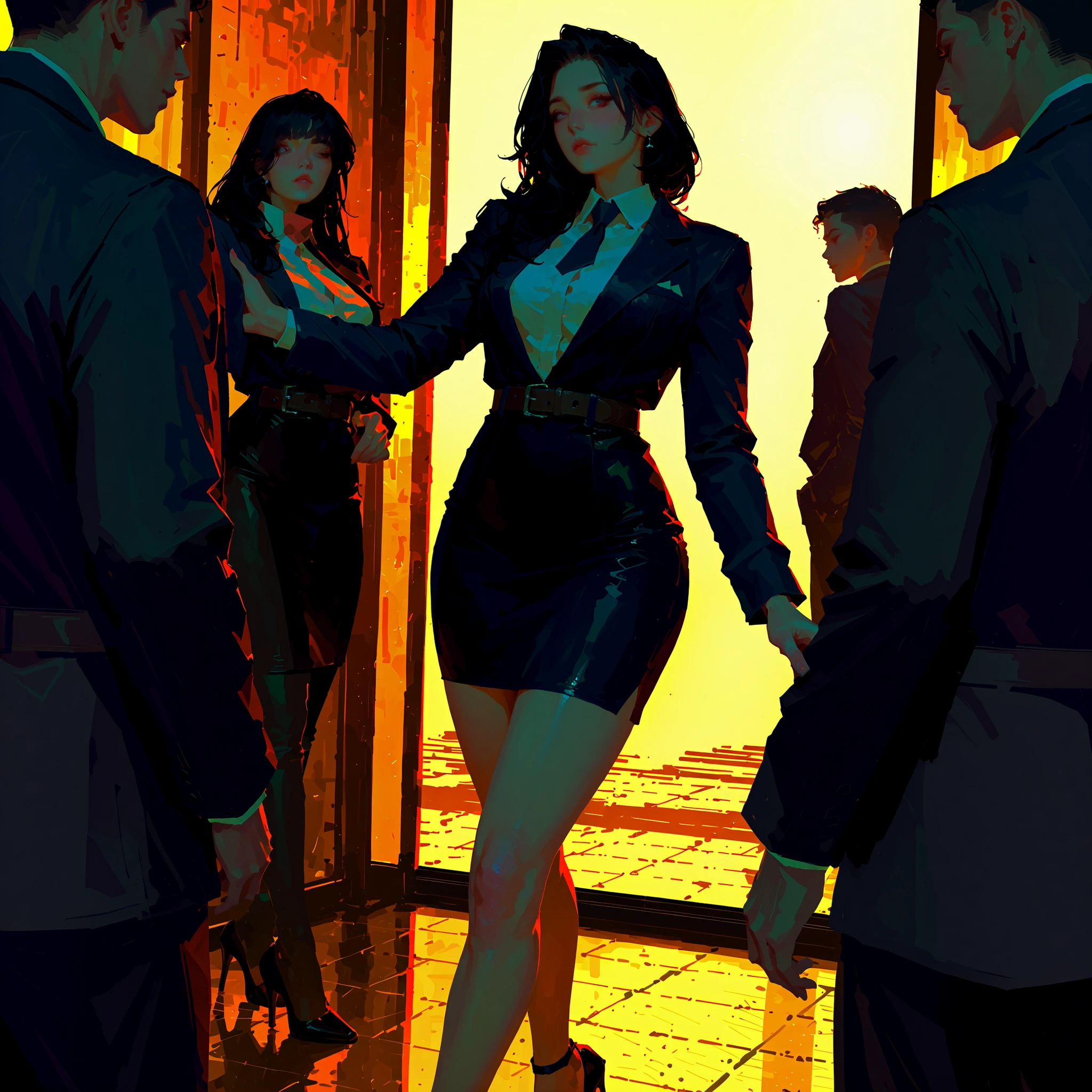solo, score_9, score_8_up, score_7_up, beautiful woman with long !!black hair!! ((long volume black hair), bossy , high heels, leather belt, soft lighting, 4k, Extremely detailed, a perfect face, perfect lighting, ((curvy, shapely body)), strict business dress, background of a room full of people, daylight, cinematic, soft