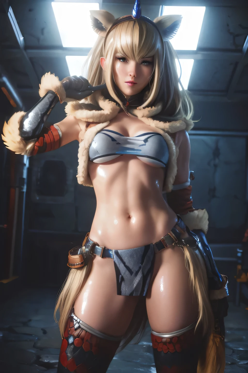 perfect anatomy best quality,highest resolution,(((female shiny top shiny light blond hair shiny skin))) Monster Hunter giraffe equipment cool