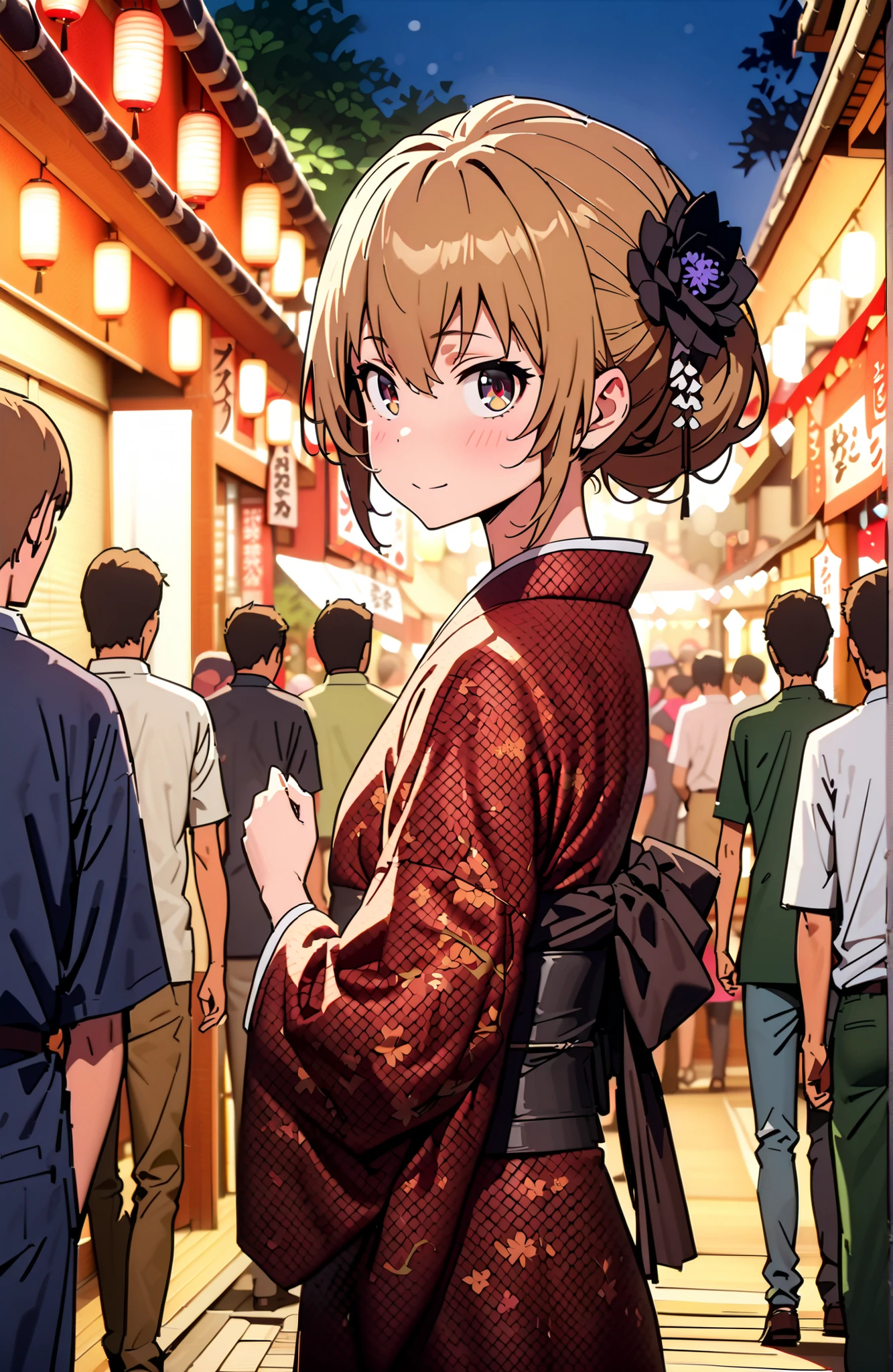 Aisaka Taiga, brown hair, brown eyes in the bedroom,side lock,Nape,flower hair ornament with ears,Black flower pattern kimono,smile,blush,mouth,standing,Light up fireworks,Red Lantern,Japanese stalls ,night,crowd,Beautiful Scenery,full bodyがイラストに入るように,in their 40s outdoors, Japanese Festival,
in their 40s looking at viewer,full body,
in their 40s (masterpiece:1.2),best quality ,Kampala,unity 8k 壁紙,(shape:0.8),( fine, beautiful eyes :1.6),It's a person ,full body写真,CG Details , (perfect hand in h,Complete Anatomy),