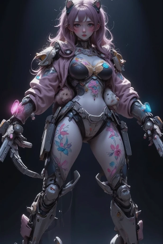 Grey, pink, white, purple, (long white hair woman), (full body shot), (tribal tattoos:1.1), (muscular:1.1), athletic, big breasts, cleavage, sexy, ??????, (tactical techwear clothes:1.1), (armor:1.1), (tactical boots:1.1), abstract lines and circles background