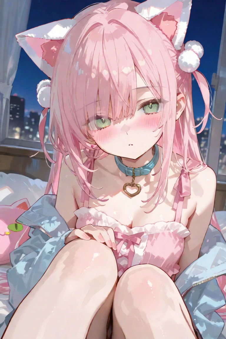 beautiful illustrations, highest quality, sexy one girl ,(conversion sequence),night,pink atmosphere, pink hair color ,髪型は三One編みショートヘア, Cat ear,Clover hair ornament,string around neck,beautiful detailed green eyes, looking at the viewer from below,Chest emphasis,small breasts,Whispering,erotic look,detailed background,The background is a princess-like pink futon,blur in the background,face is quite close,うOne伏せで寝転んでいる,highlight around the eyes,knitted clothes,darkness,The lighting１One