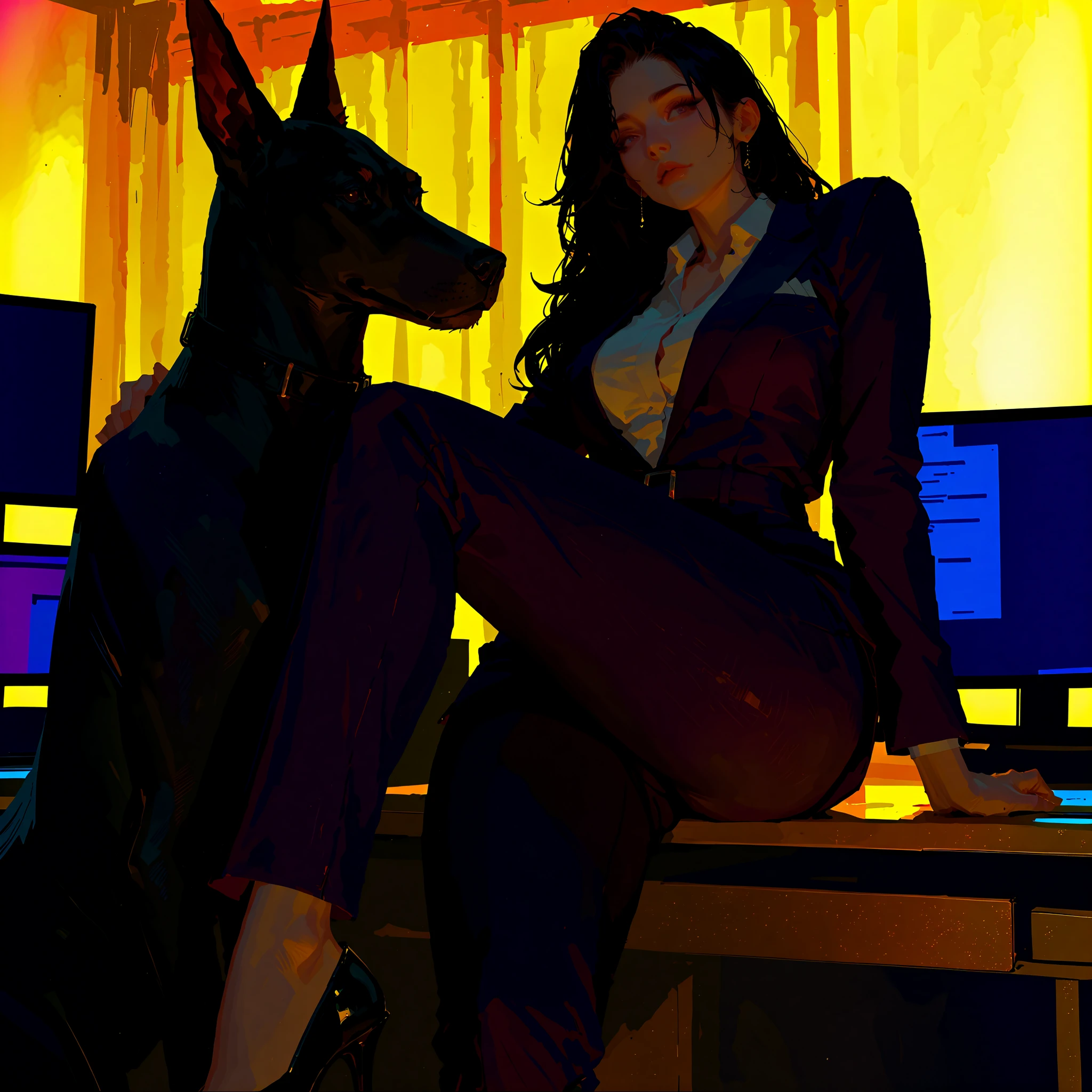 score_9, score_8_up, score_7_up, beautiful woman with long !!black hair!! ((long volume black hair), bossy , ambient soft lighting, 4k, Extremely detailed,  a perfect face, perfect lighting, ((curvy, shapely body)),  expensive office suit, high heels,  1 woman, with black doberman, black dog 