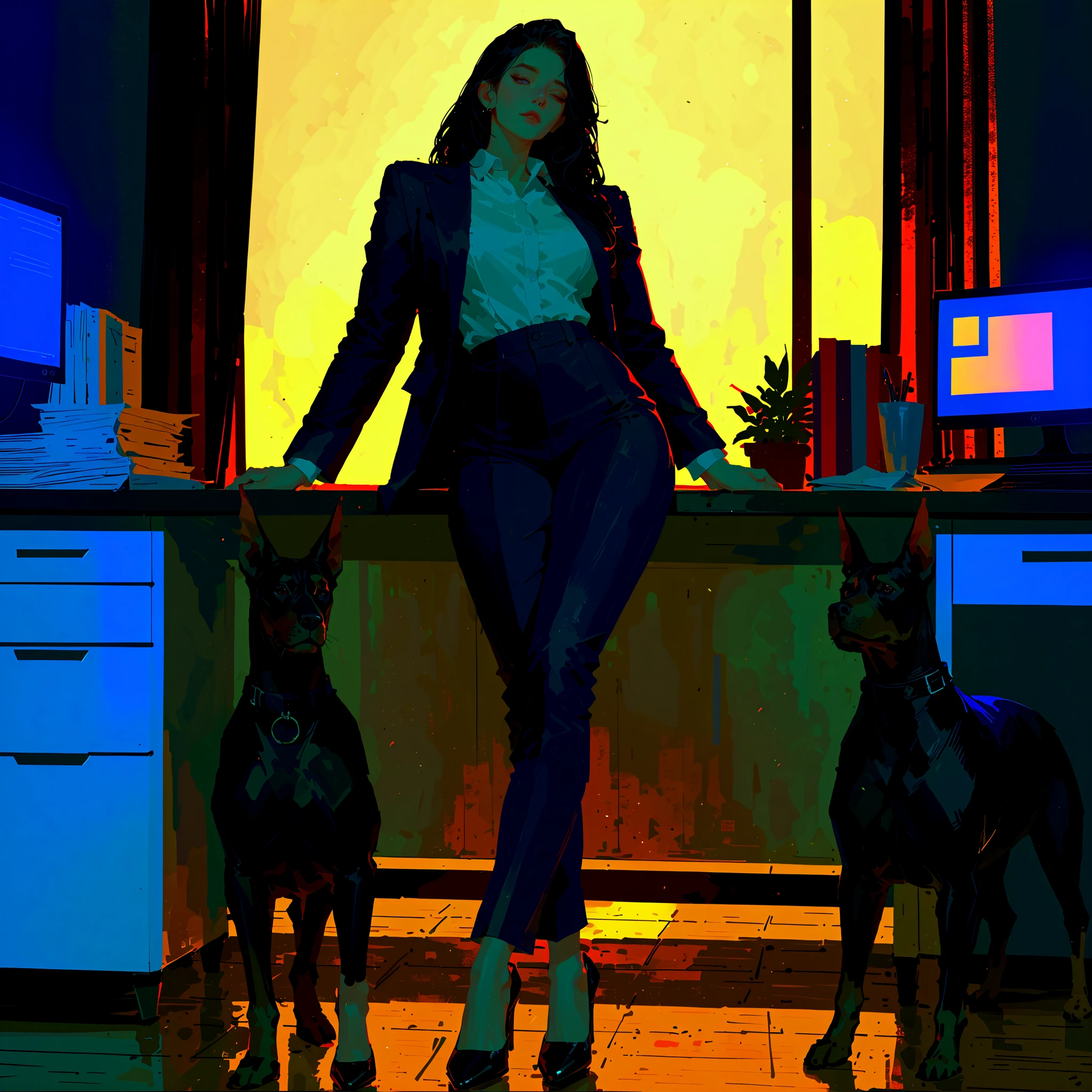score_9, score_8_up, score_7_up, beautiful woman with long !!black hair!! ((long volume black hair), bossy , ambient soft lighting, 4k, Extremely detailed, a perfect face, perfect lighting, ((curvy, shapely body)), expensive office suit, high heels, 1 woman, with black doberman, black dog