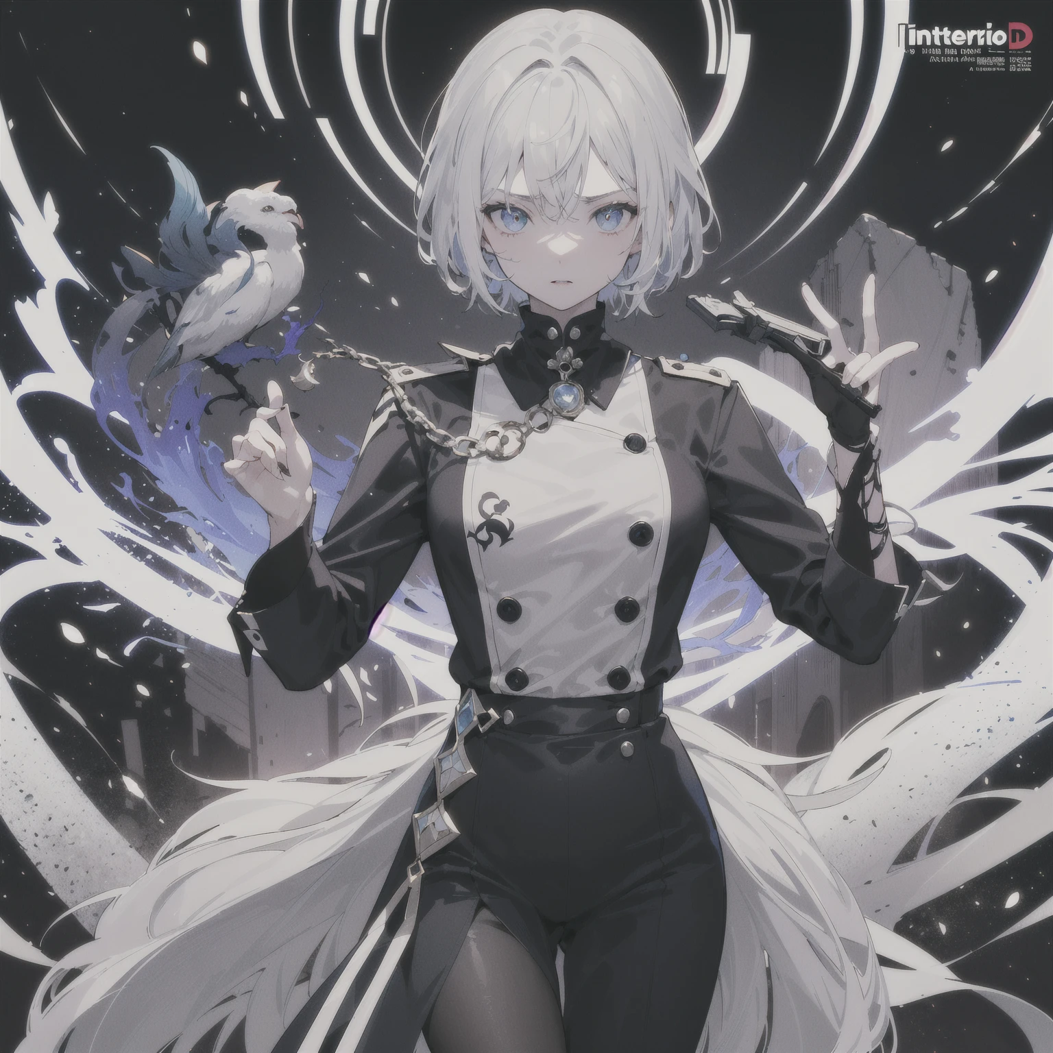 1 girl, wearing hogwarts uniform, cleavage, white hair, short hair, face to detail, detailed eyes, the background is just white, monochrome (clear line, lineart), full body illustration