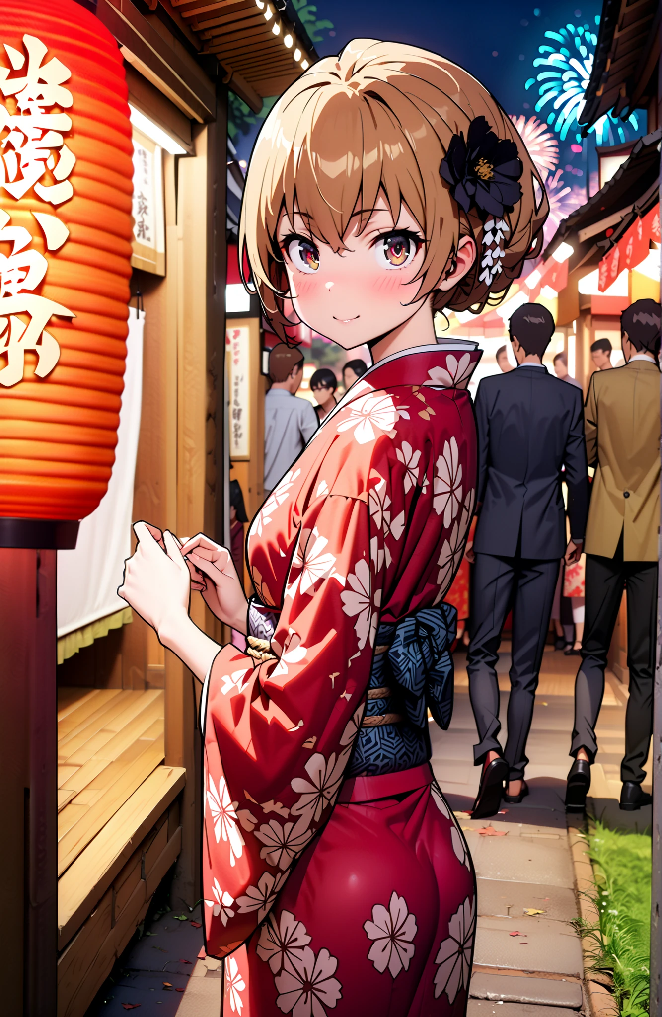 Aisaka Taiga, brown hair, brown eyes in the bedroom,side lock,Nape,flower hair ornament with ears,Black flower pattern kimono,smile,blush,mouth,standing,Light up fireworks,Red Lantern,Japanese stalls ,night,crowd,Beautiful Scenery,full bodyがイラストに入るように,in their 40s outdoors, Japanese Festival,
in their 40s looking at viewer,full body,
in their 40s (masterpiece:1.2),best quality ,Kampala,unity 8k 壁紙,(shape:0.8),( fine, beautiful eyes :1.6),It's a person ,full body写真,CG Details , (perfect hand in h,Complete Anatomy),