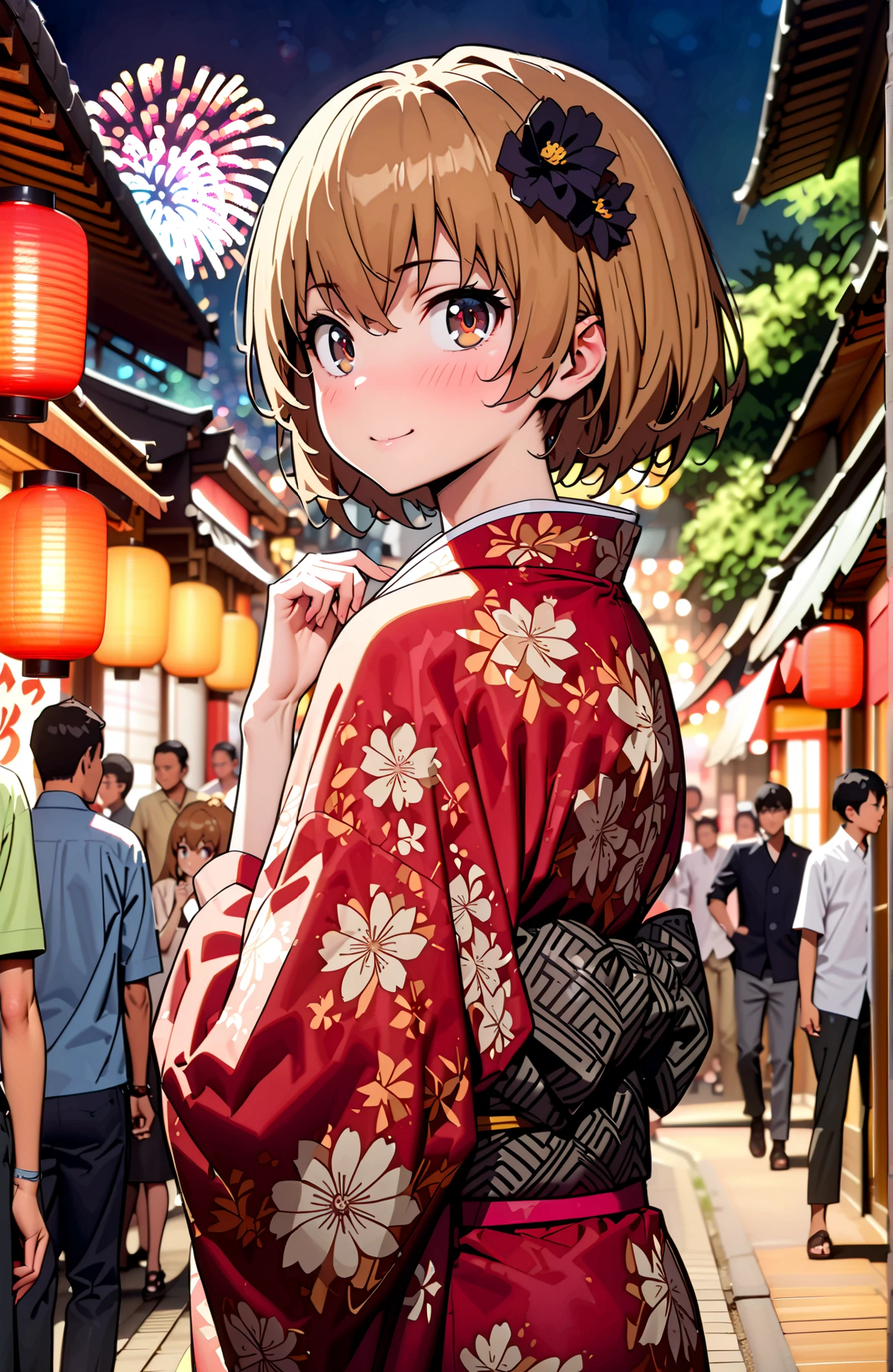 Aisaka Taiga, brown hair, brown eyes in the bedroom,side lock,Nape,flower hair ornament with ears,Black flower pattern kimono,smile,blush,mouth,standing,Light up fireworks,Red Lantern,Japanese stalls ,night,crowd,Beautiful Scenery,full bodyがイラストに入るように,in their 40s outdoors, Japanese Festival,
in their 40s looking at viewer,full body,
in their 40s (masterpiece:1.2),best quality ,Kampala,unity 8k 壁紙,(shape:0.8),( fine, beautiful eyes :1.6),It's a person ,full body写真,CG Details , (perfect hand in h,Complete Anatomy),