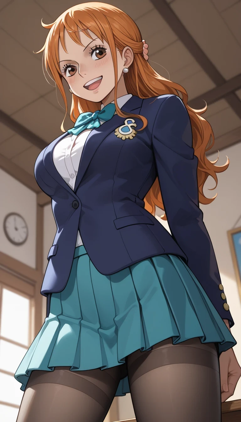score_9, score_8_up, score_7_up, source_Anime Top Quality、8k、 masterpiece、super high accuracy、 natural light、perfect anatomy、one woman、medium breasts、saggy breasts:1.7、one piece、nami、( Happy Expression )、school uniform、blazer、ribbon、skirt for ears、pantyhose、shot from below