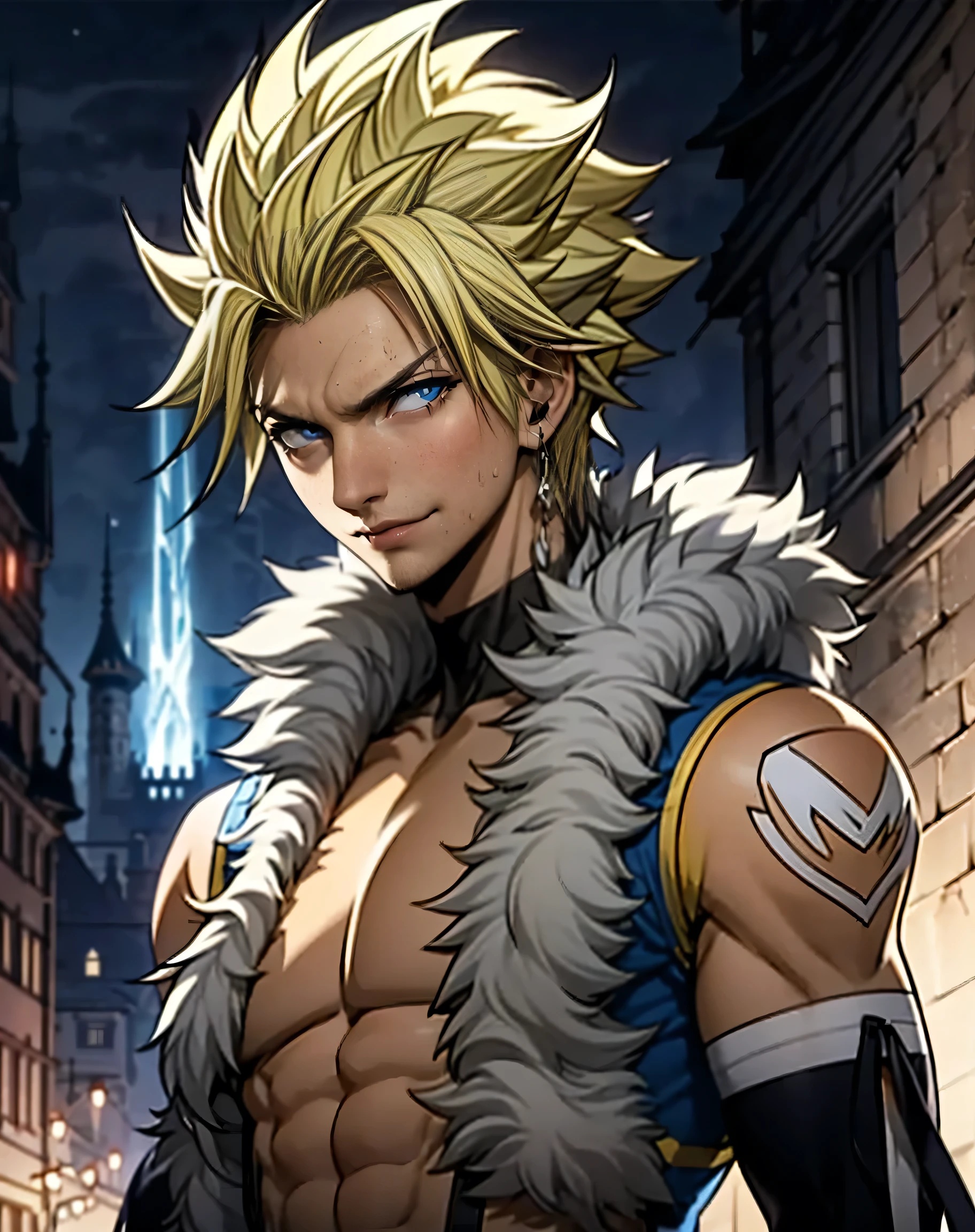 (1boy, solo, alone), (2.5D, Sting Eucliffe, Blonde hair, Spiked hair, Blue Eyes), ((Extremely detailed, ambient soft lighting, 4k, perfect eyes, a perfect face, perfect lighting)), fantasy colorful illustration, (Mage Tunic:1.4), Creepy Atmosphera, Some Smirked, Upper Body, (eyeliner:0.5), below_view, powerful presence, (detailed background)