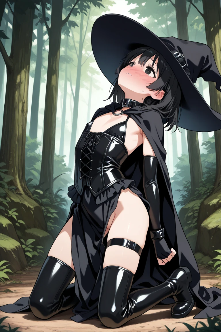 masterpiece, highest quality, High resolution, Long Hair, Short skirt、Drooping eyes,barefoot,Looking up,Embarrassed face,Angle from below、Big Breasts、Witch costume、White underwear、The legs are thin、soaked、Spread your legs、I avoid underwear、in the forest、Witch Hat