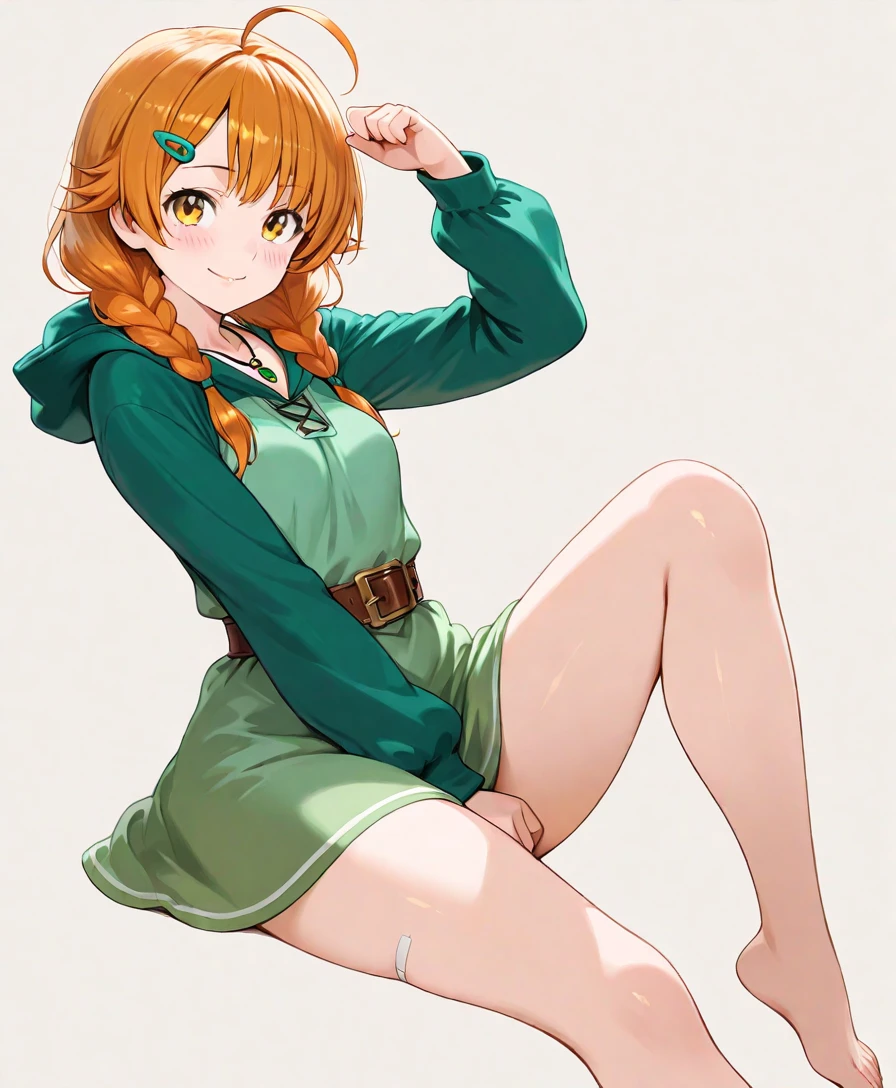 Cute ginger hair and green eyes anime woman peeing her panties with spread legs. Thick thighs. Desperate, shy and blushing facial expression. Pee running down her legs.