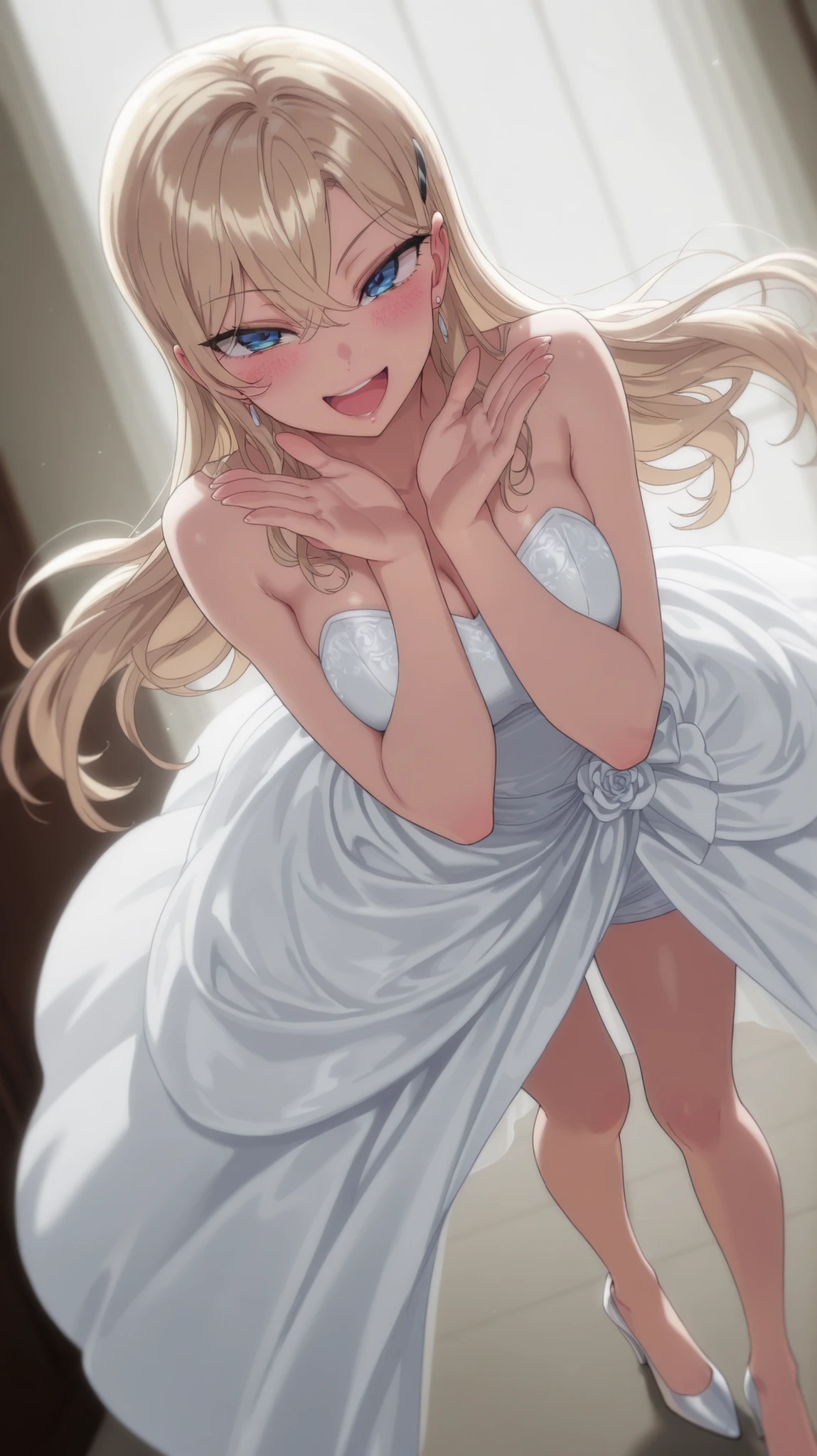 1 girl, Reika Kurashiki, Blonde hair, long hair, Blue eyes, smiling, happy, open mouth, blushing, looking at viewer, masterpiece, best quality, high quality, smile, Wedding Dress, high heels, dynamic lighting, Ultra detailed, highres, stunning visual cg, standing , all body, hair clip, dutch angle, dynamic pose,hands down