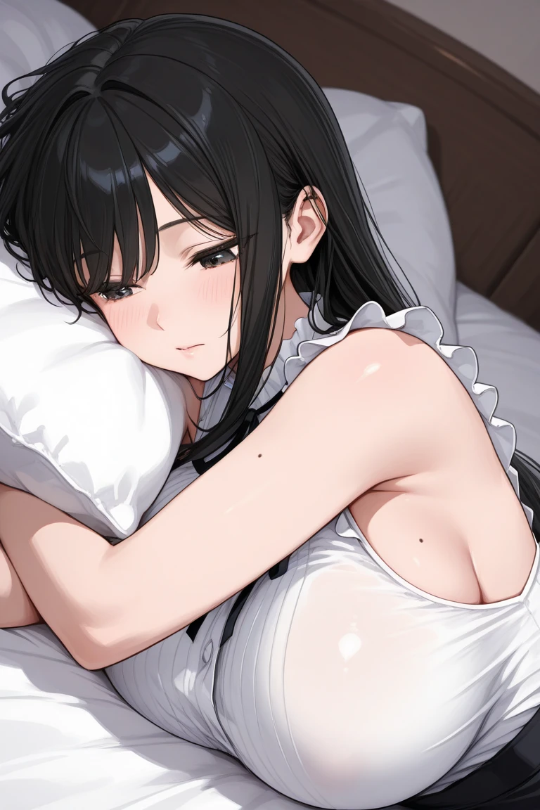 2D、girl、white t-shirt、big breasts、black hair、twin tails、valley、night