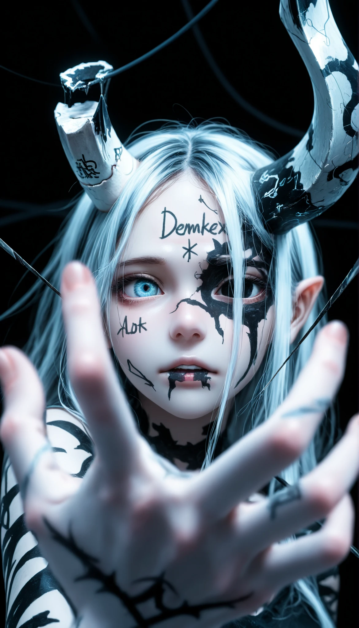 depth of field, high definition image,a lot of details, hand drawing,unstable line,Half white half black background,Contrast with Demon Girl, without an eye ,a broken horn