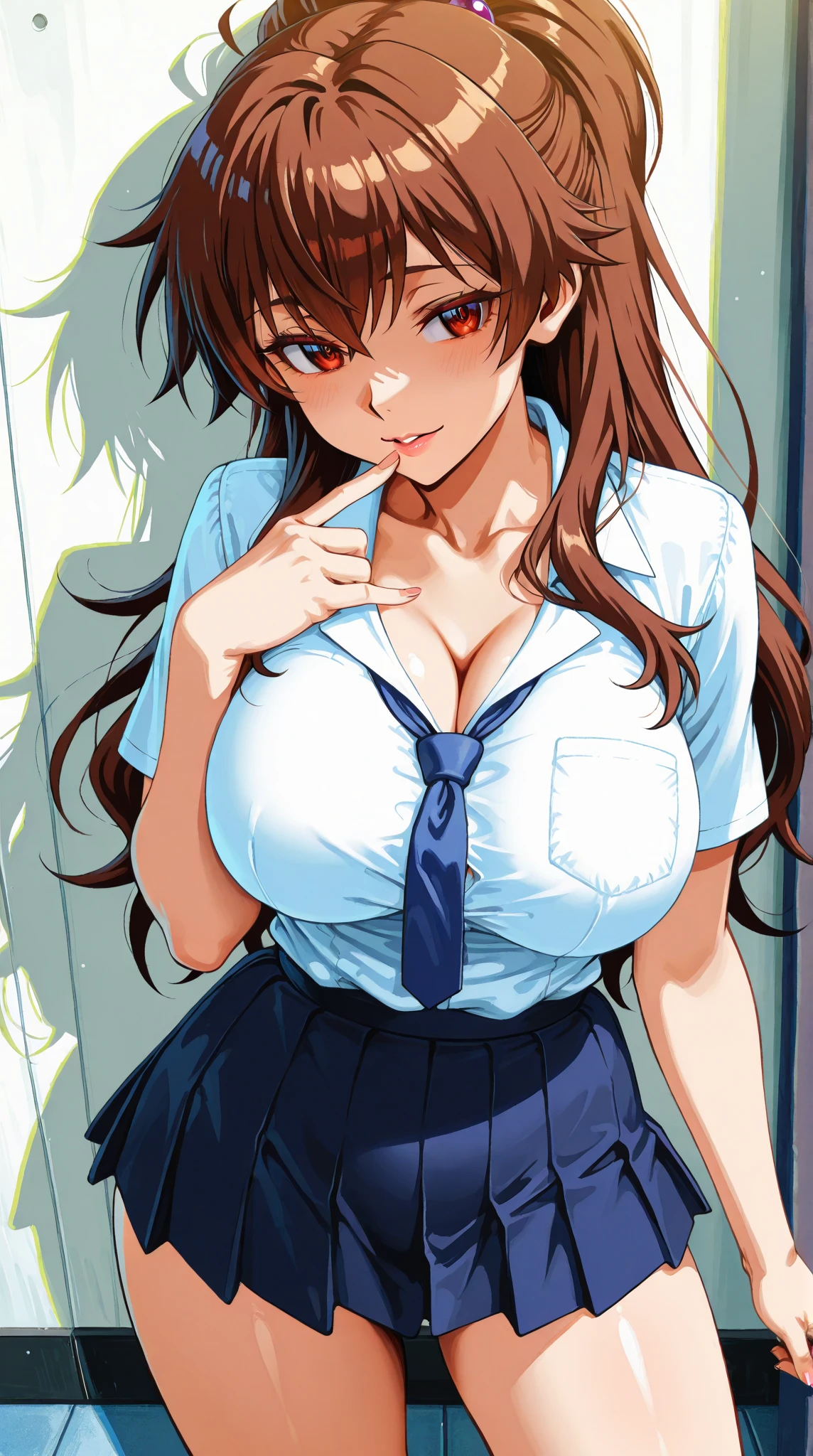 masterpiece, Highest quality, Highest quality, Perfect ???????, High resolution, ultra-detaileded, 8k wallpaper, texture, detailed, Individuality, High resolution, extremely detaileded CG, Azuma Hisato, 1 Girl, alone, whole body, Are standing, ponytail, brown_hair, 前hair, brown_eye, 20-year-old, Mature Woman, View your viewers, 笑face, lewd face, (beautiful,big_chest:1.4), (beautiful_face:1.5),(narrow_Waist), Office Attire, Office Uniforms
