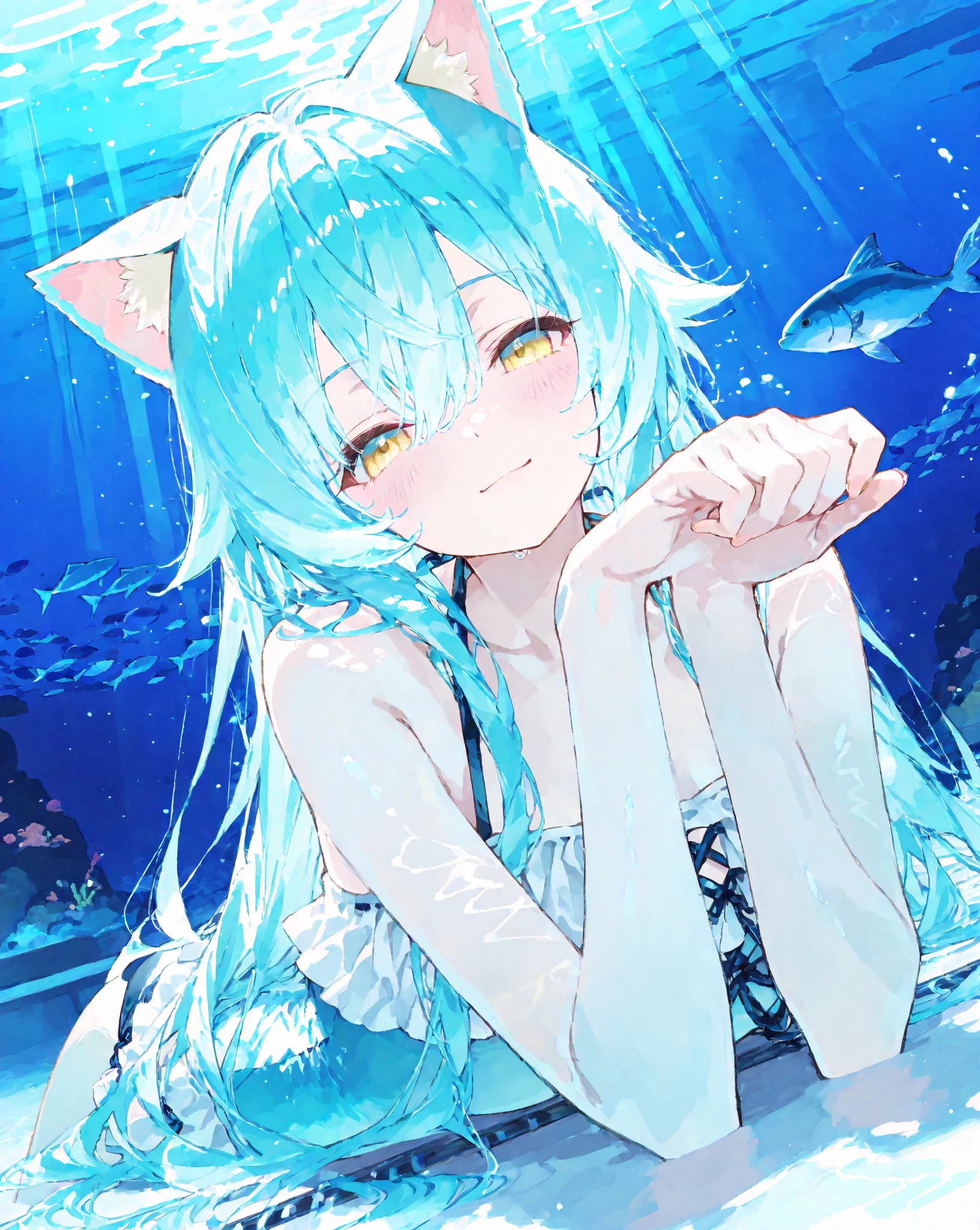 (masterpiece), Highest quality, Ultra-high resolution,Cat with blue ribbon、Blue Hair、Blue eyes、Blue clothes、smile、(In the water:1.3)、Bubble、Cool Shark、Illusion