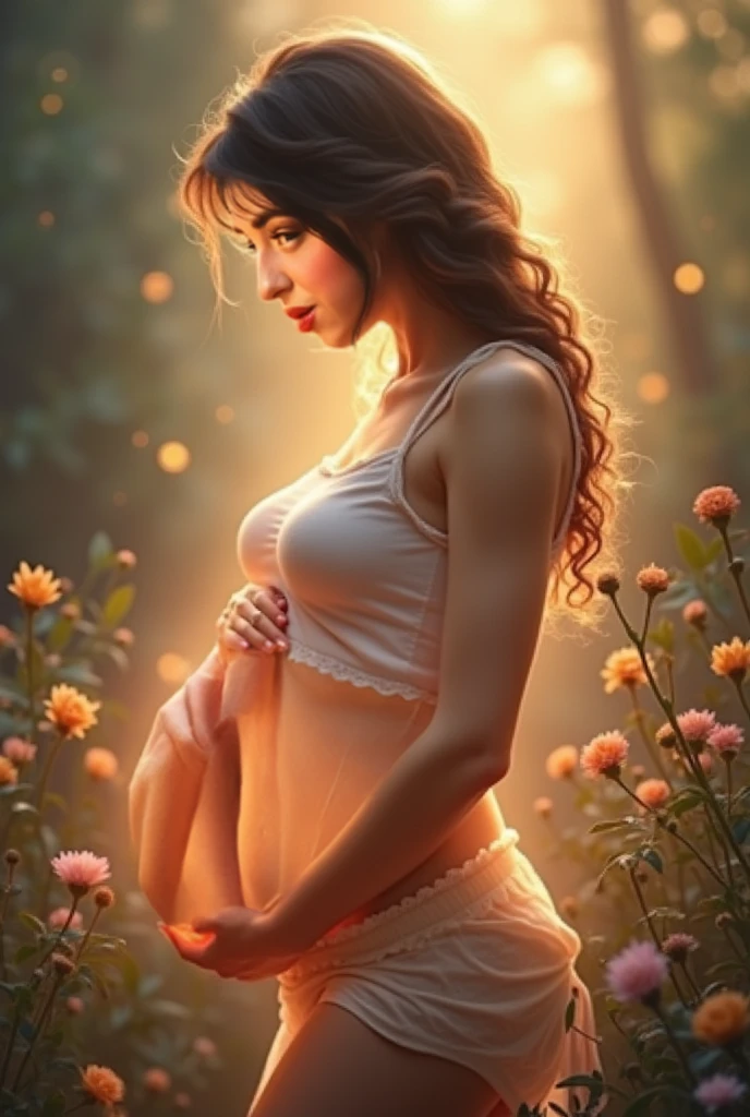 A beautiful and ethereal woman, her long hair adorned with flowers, her pregnancy glowing with life. A caring midwife attends to her, as the dark background is accented with vibrant blooms. Hyper-realistic full-color illustration, (best quality,4k,8k,highres,masterpiece:1.2),ultra-detailed,(realistic,photorealistic,photo-realistic:1.37),beautiful woman, pregnant woman, flowers in hair, long hair, midwife, dark background, floral accents, hyper-realistic, full color, vibrant colors, detailed portrait, intricate details