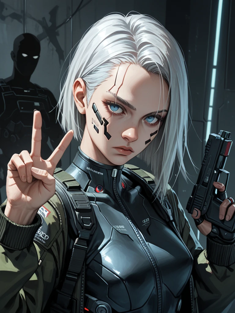 Anime selfie of a female cyborg making a peace sign, futuristic - SeaArt AI