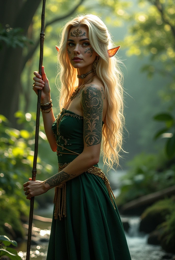 best quality, masterpiece, In the heart of a mystical forest, bathed in the soft glow of dappled sunlight filtering through the dense canopy above, stands a regal elven archer. Her features, delicately sculpted and adorned with intricate tattoos that wind their way across her skin like vines, speak of an ancient lineage steeped in magic. Clad in forest green armor crafted from the finest elven steel, reflecting the verdant hues of the surrounding foliage. With a quiver of silver-tipped arrows slung across her back and a determined expression upon her face, she stands ready to defend her woodland home against any who would threaten its peace.