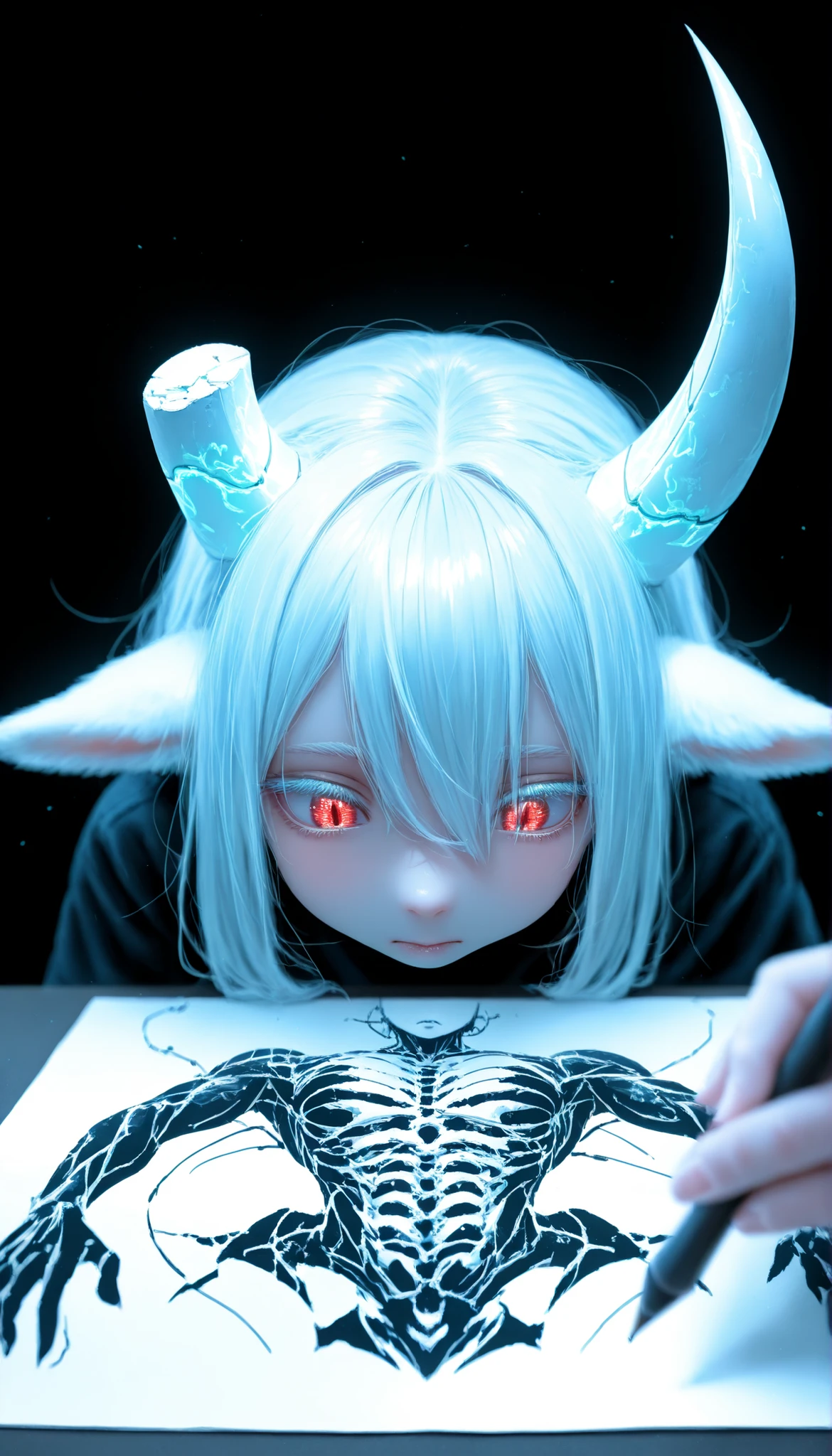 depth of field, high definition image,a lot of details, drawing ,unstable line,half white half black background,Contrast with Demon Girl, without an eye ,a broken horn