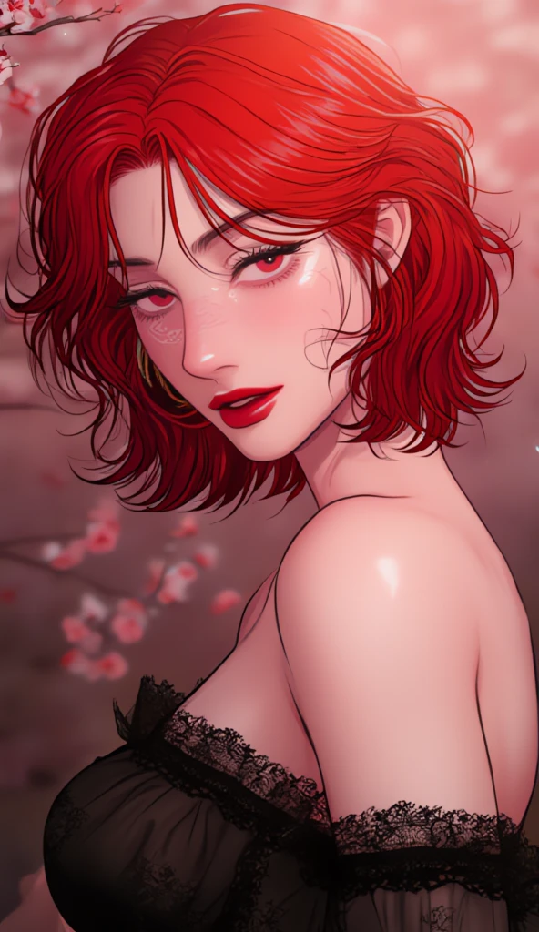 (masterpiece:1.2, best quality), 1milf, open clothes, (red flowers:1.3), white, red hair, red eyes, mature, big tits, sexy, upper body, closeup face, red lips, tube top, press breast, shoot from above, closeup face, red clothes, nsfw, rose cloth, lyin in rose, lyin, rose