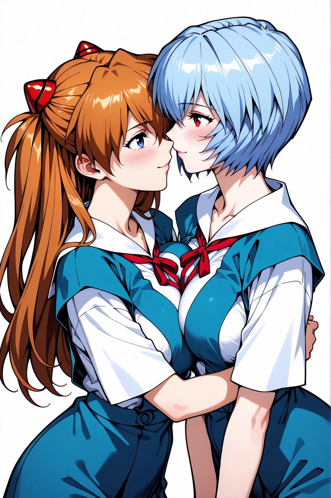 score_9, score_8_up, score_7_up, score_6_up, source_Evangelion
highly detailed eyes, perfect eyes:1.1, 1 girl, feminine, bust shot, (2 women, hugging each other, breast press, Looking at Each Other, lover, LOVE),
best quality, details, newest, AI-generated, ultra high resolution, standing,
curvilinear, anatomically correct, detailsな肌, white background, no background, less eye blow, tokyo-3 middle school uniform, smile, blush, (Soryu Asuka Langley, video, long hair, blue eyes),
(Ayanami Rei, blue hair, short hair, red eyes), (big breasts:1.3), white background, no background, Ayanami ReiとSoryu Asuka Langleyの涎キス, Focus on the kiss ,