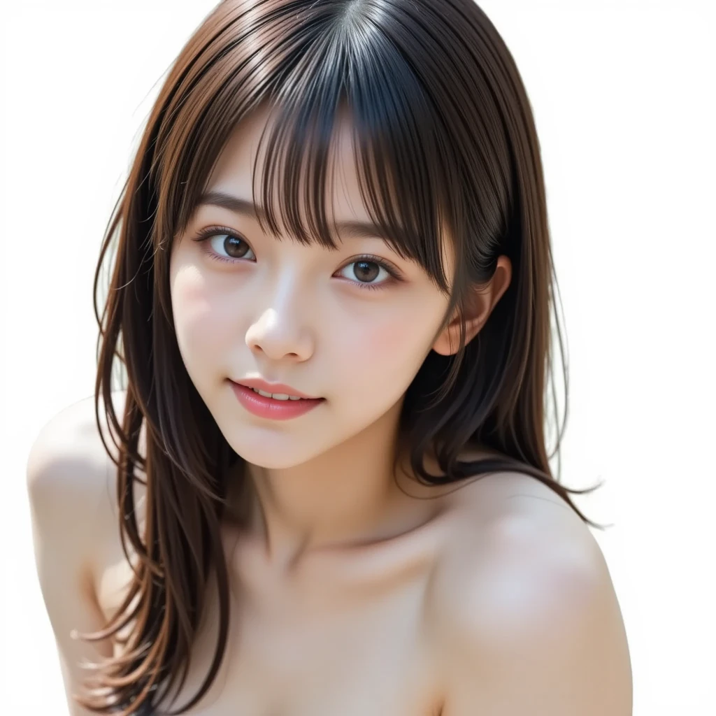 (8k, RAW photo, best quality, masterpiece:1.2), (realistic, photo-realistic:1.4), (extremely detailed 8k wallpaper), sharp focus, depth of field, blur background, bokeh, cinematic lighting, soft light, ultra-detailed,(medium hair:1.5),(cute),(perfect face),(detailed eyes),(detailed lips),(delicate face),(lovely delicate face),(beautiful aesthetic face),(nsfw:1.3),(Twirling hair with finger, looking down shy), japanese idol,very cute girl,(topless:1.5),(flat chest),(embarrassed,full-face blush:1.3),(grin),looking at viewer,(white background)