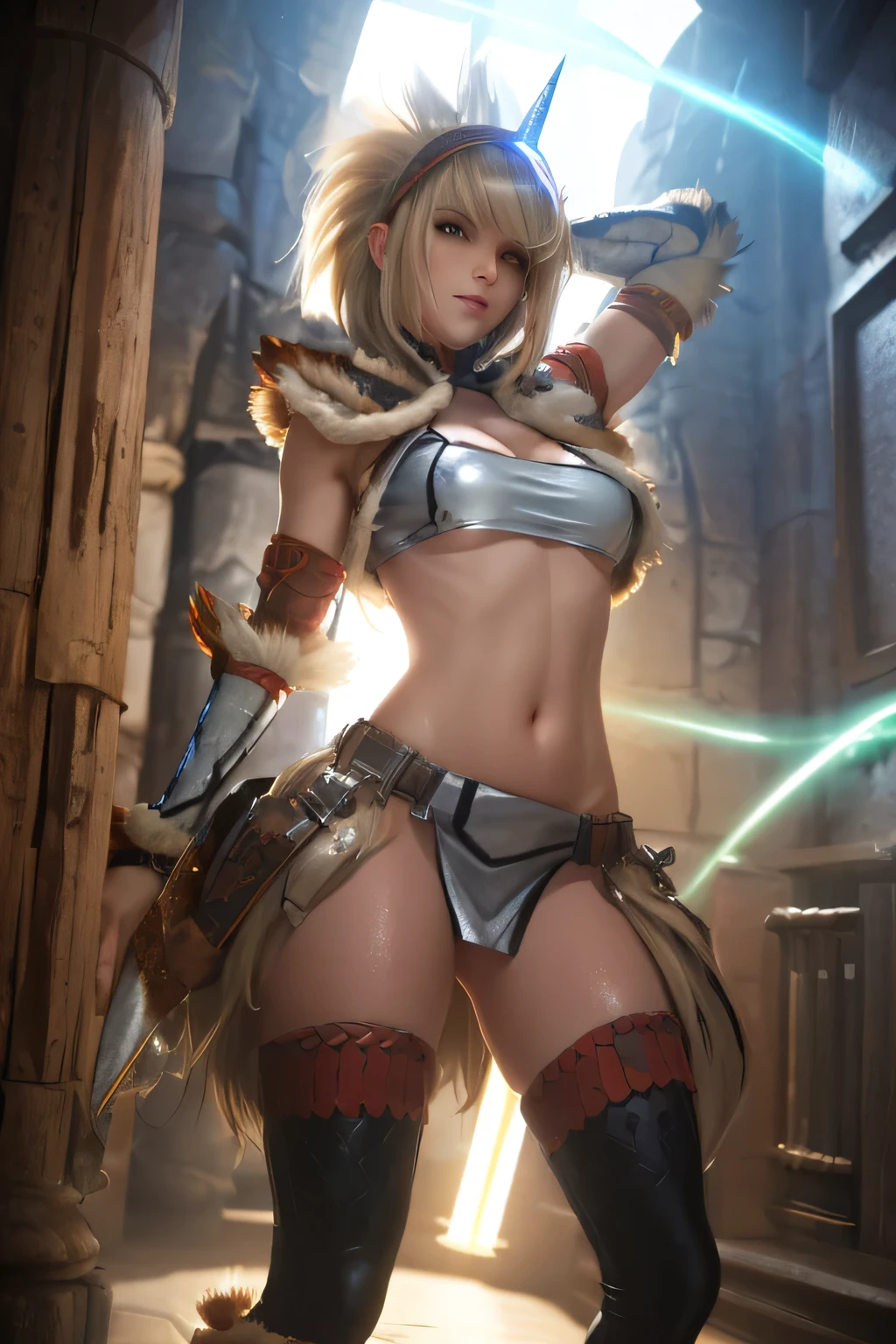 perfect anatomy　best quality,highest resolution,(((female　 shiny top　shiny light blond hair 　shiny skin)))　Monster Hunter　giraffe equipment　cool