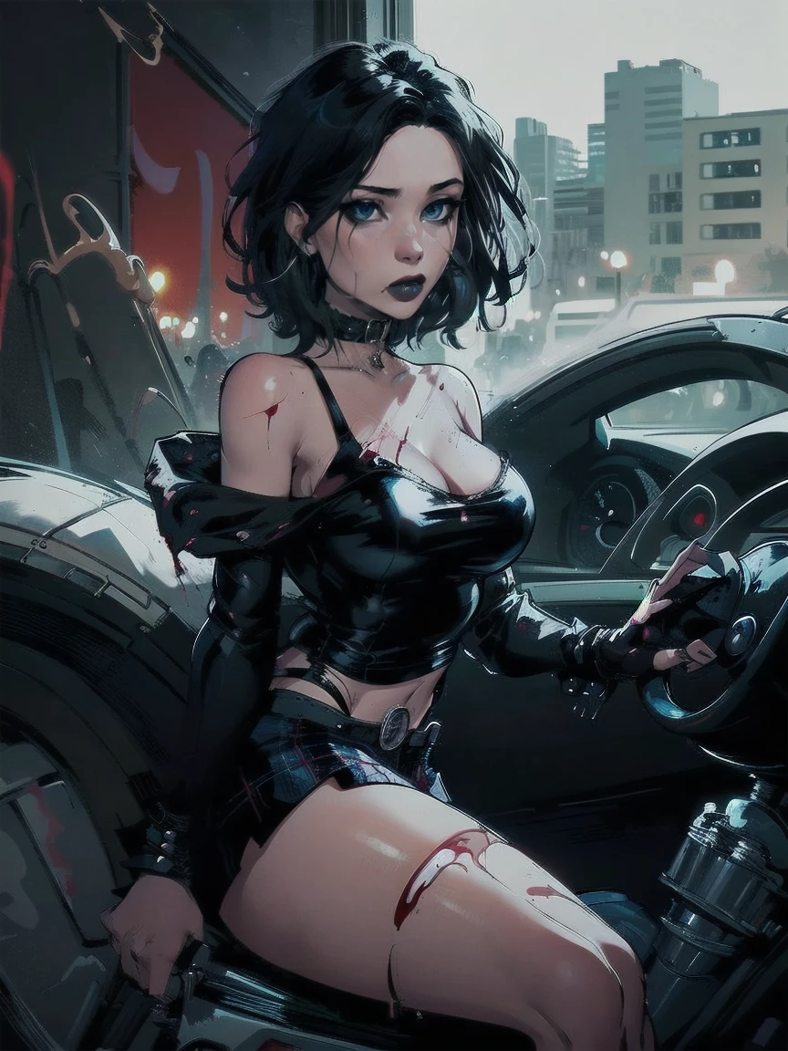 masterpiece, best quality, ultra high res, ultra-detailed, outside a parking, night, beautiful night city landscape, 1 girl, slut, lana, blue hair, blue eyes, hair ornament, red lipstick, red eyeliner, hairy pubic hair, gigantic tits, giant cleavage, soggy, (open leather black jacket, no bra, red straight mini skirt, black fishnet tights, black boots: 1.5), white high heels, horny, sexy, oily body, (lana is seating on a sport car spreading her legs wide open and her pussy exposed while groping her breast and squirting lot of cum and while having a very horny face and moaning with open mouth and her slutty tongue out dripping saliva: 1.6)