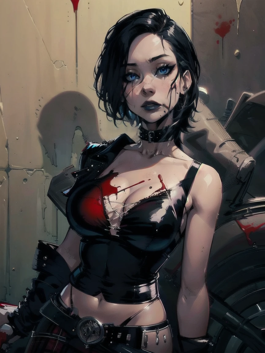 a woman with medium black hair, hair on shoulders,  wearing plaid skirt, black jacket,  blue eyes, gothic art, cute aesthetic with vibe, toon aesthetic, wearing gothic accessories, look like Cassie Hack, upper body, driving on the motocicle, blood background, dinamic poses