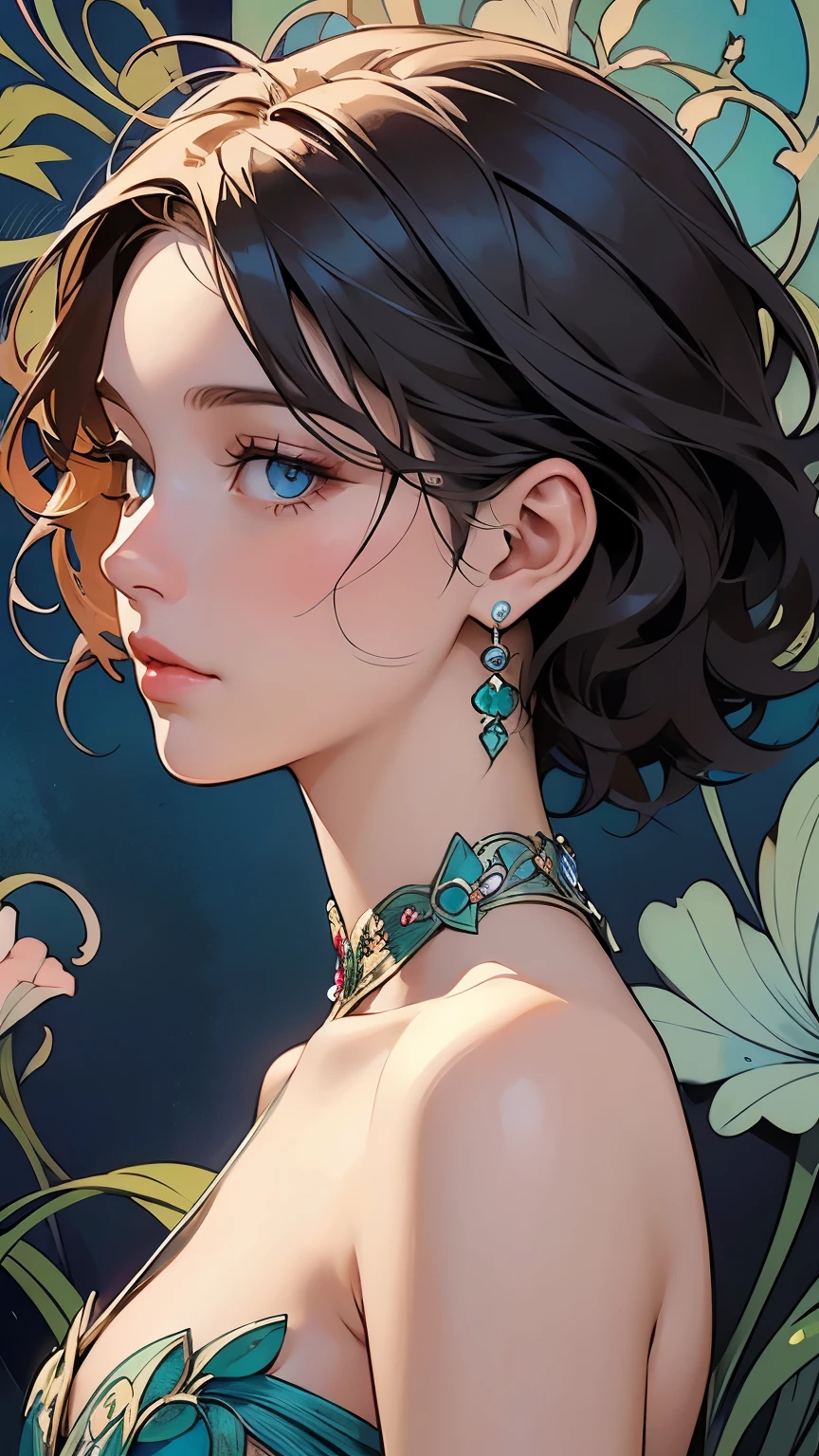 Mucha, Master of Art Nouveau,beautiful young girl, showing shoulders, medium short hair, blue eyes, face in profile, little bit looking up, realistic 2D style illustration, modern art, surrunded with jem, Diamonds, Rubies, Sapphires and Emeralds, fashion art, colorful background,