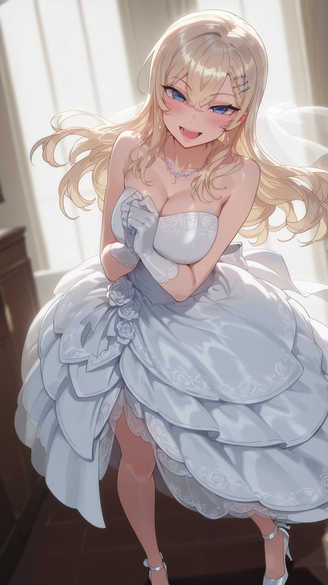 1 girl, Reika Kurashiki, Blonde hair, long hair, Blue eyes, smiling, happy, open mouth, blushing, looking at viewer, masterpiece, best quality, high quality, smile, Wedding Dress, high heels, dynamic lighting, Ultra detailed, highres, stunning visual cg, standing , all body, hair clip, dutch angle, dynamic pose,hands down
