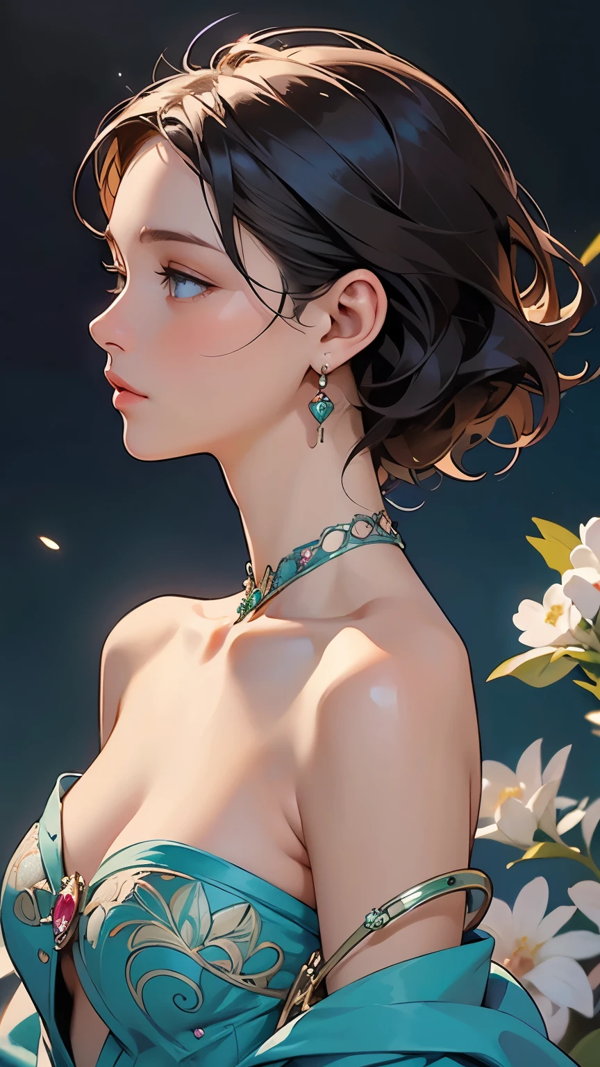 Mucha, Master of Art Nouveau,beautiful young girl, showing shoulders, medium short hair, blue eyes, face in profile, little bit looking up, realistic 2D style illustration, modern art, surrunded with jem, Diamonds, Rubies, Sapphires and Emeralds, fashion art, colorful background,