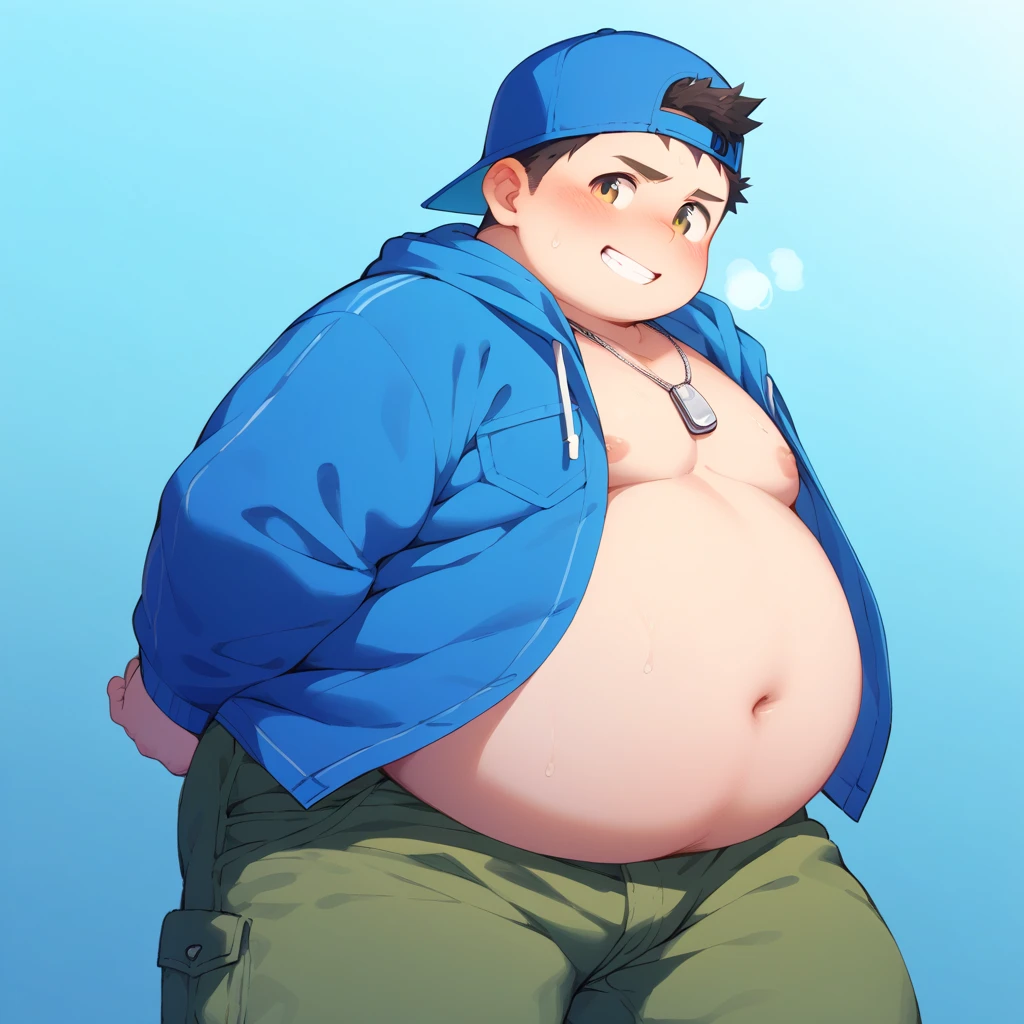 beautiful, chubby, (very short hair), (pudgy face), (naughty) (high school students), (handsome), thick, overweight, beefy, (nipples), (cute), (little brat), (naughty brat), (へそ), ぽっちゃりした体, big belly, 汗ばんだ体, (臭そうな体), (fullbody)