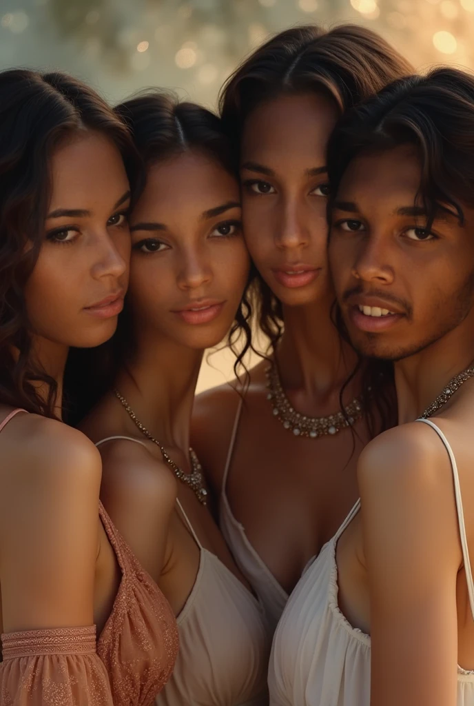 (Best Quality, 2k, Masterpiece, QHD: 1.3, A Handsome short haired african barbarian   man is surrounded by three women up against him touching him and gaze at him, at a mansion, wearing Tracksuits that show off body, perfect bodies, women: long flowing hair, flowers in hair, seductive, materials, golden hour, , jewelry, golden hour, photorealistic, masterpiece, in love, small grin, perfect faces, Flirtatious-groping 