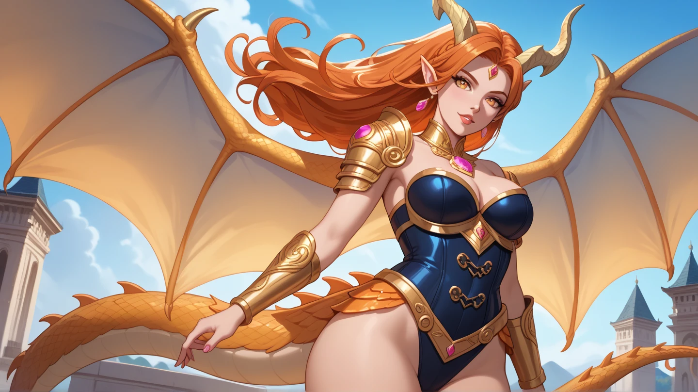 ((best quality)), ((Artwork)), (detailded), 1 girl, Dragon woman, cabellos largos dorados, golden armour, Golden Dragon Knight, golden wings, pinky skin, Eyes red, legs thick, blush cheeks, golden giant sword