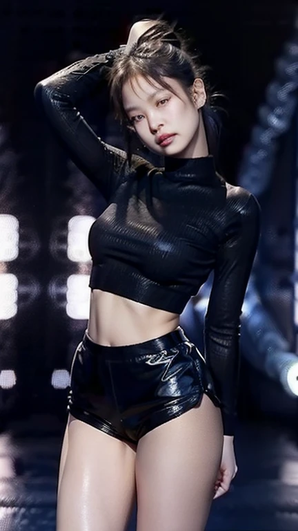 (Highest quality)), ((masterpiece)), (Super detailed), ((Full Body Shot)), Japanese Girl, Very beautiful, Ultra Face Details, 20-year-old, Blue straight short hair, ((Strong winds blow away my hair :1.3)), Award-winning photo, Teenage Girl Photos, Slim face, Very beautiful, Sexy latex costume, Clear images, ((Full make-up)), ((pink blush)), ((Red lips)), ((Tight latex panties)), ((Slim figure)), , Without head cover, ((Symmetrical posture)), Model posing in the center, Backlight, Night on the beach, Starry Sky, Red Cloud, nebula, ((Aurora)), shooting star, From below