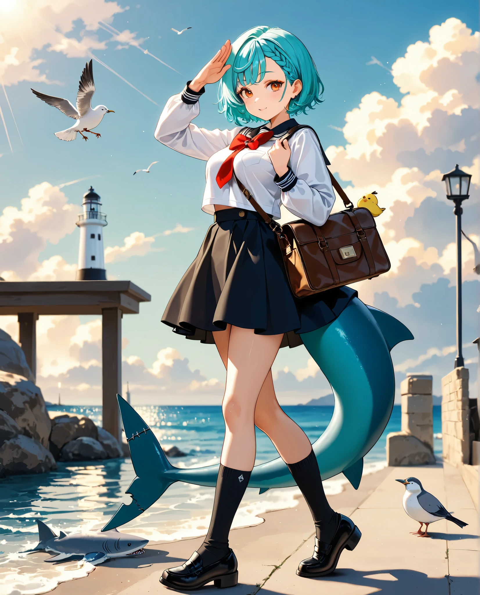 1girl, (solo), absurdres, aqua hair, short hair, braided bangs hairstyle, orange_eyes, golden_eyeshadow, 1girl bag bird black_shoes black_skirt black_socks blue_sky breasts cloud day fish_tail food_in_mouth from_behind jetty large_breasts lighthouse looking_back ocean scenery school_uniform seagull shark_girl shark_tail shirt shoes shoulder_bag skirt sky socks solo tail three-finger_salute walking white_shirt