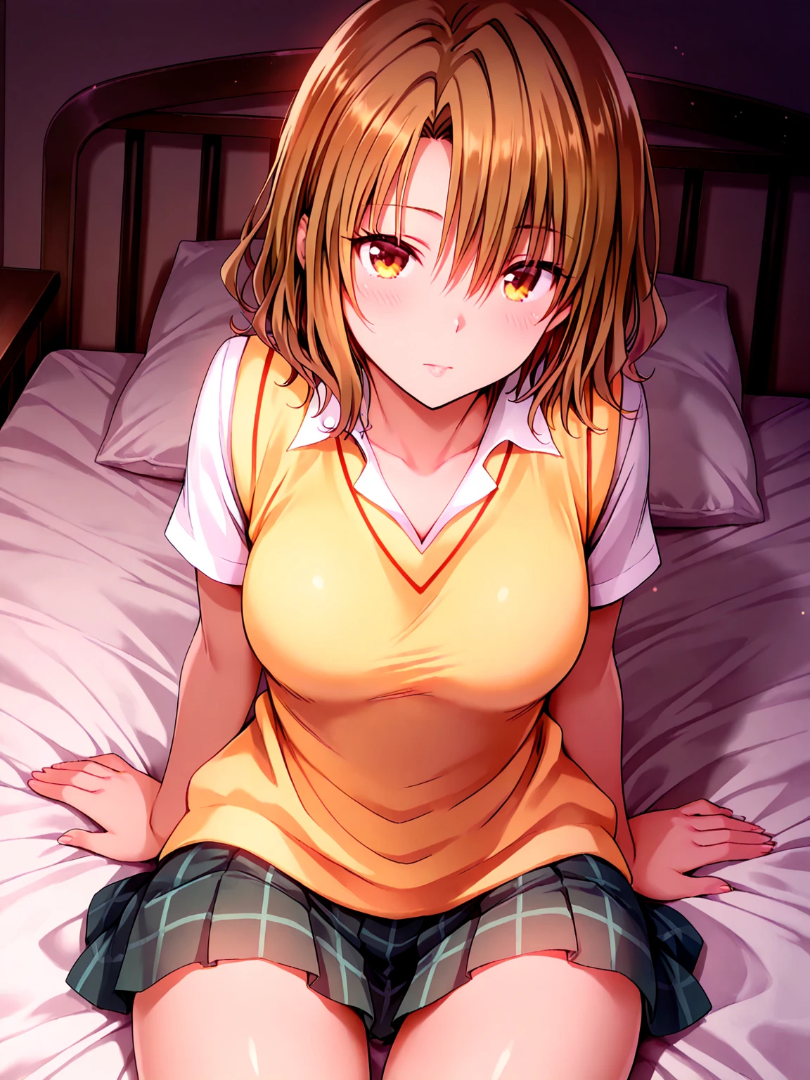 irohaisshiki, Iroha Isshiki, short hair, brown hair, (Brown eyes:1.5), blush,Looks sleepy,Embarrassing,oversized t-shirt,black string underwear,barefoot,Holding a pillow in both arms,Putting my face on the pillow,Sitting on the bed,ロマンチックな夜景
break indoors, Bedroom,
break looking at viewer,
break (masterpiece:1.2), highest quality, High resolution, unity 8k wallpaper, (figure:0.8), (Beautiful fine details:1.6), Highly detailed face, Perfect lighting, Highly detailed CG, (Perfect hands, Perfect Anatomy),