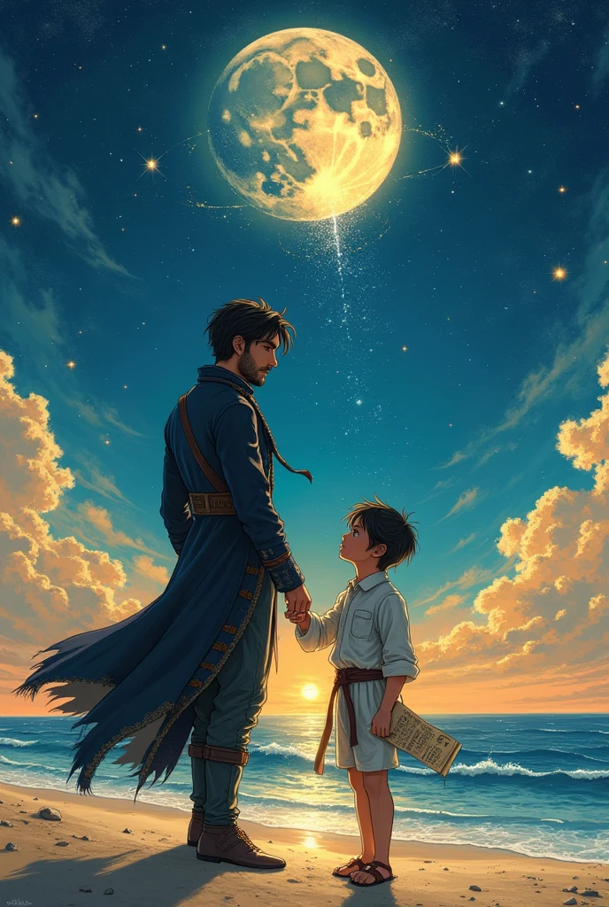 (((masterpiece))), ((Highest quality)), ((Super detailed)), (CG illustration), Happy parent-child scene。The resurrected form of Emperor Constantine and the twins Crispus and Fausta.、Father and son landscape。「Varna, Bulgaria、Under the clear blue sky、A summer evening where a stylish modern mansion shines。As the bright sunlight envelopes the sea and the mansion、A young father in his 30s hugs his twin sons tightly and warmly on his way home from work。The father's face was filled with deep love and forgiveness.、I can see the look of relief on his face, having overcome his past mistakes.。The children have innocent, naive smiles、He buried his face in his father's shoulder and looked relieved.。Light and shadow gently intersect、A scene that creates a warm and moving atmosphere overall.。」Love。Love, forgiveness, healing and purification。Detailed and delicate。lyrical。Heartful